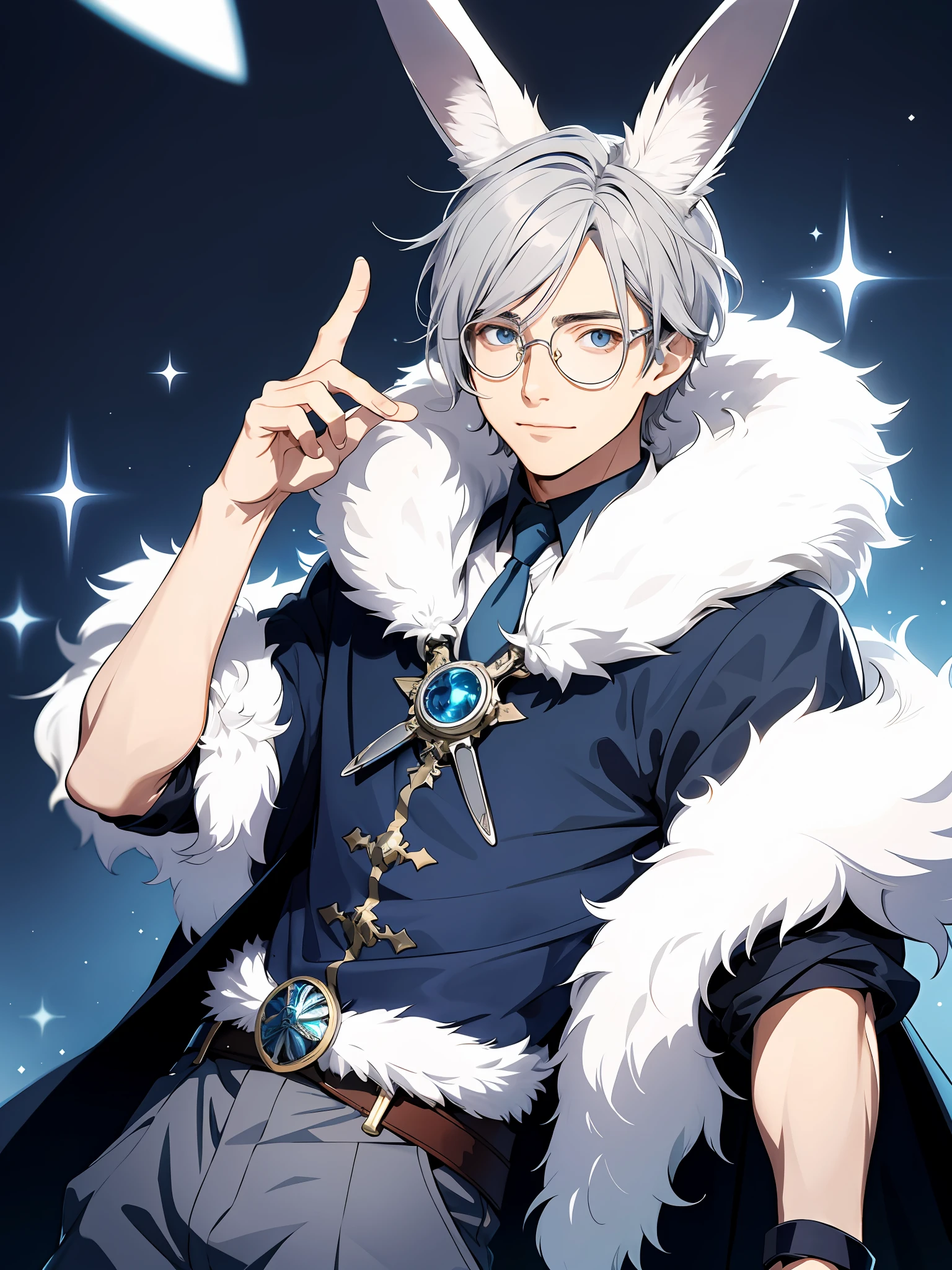 illustration style, cute boy, silver-haired, blue-eyed rabbit ears, fur, glasses, cloak, fantasy long pants, magic rabbit ears, glasses solo