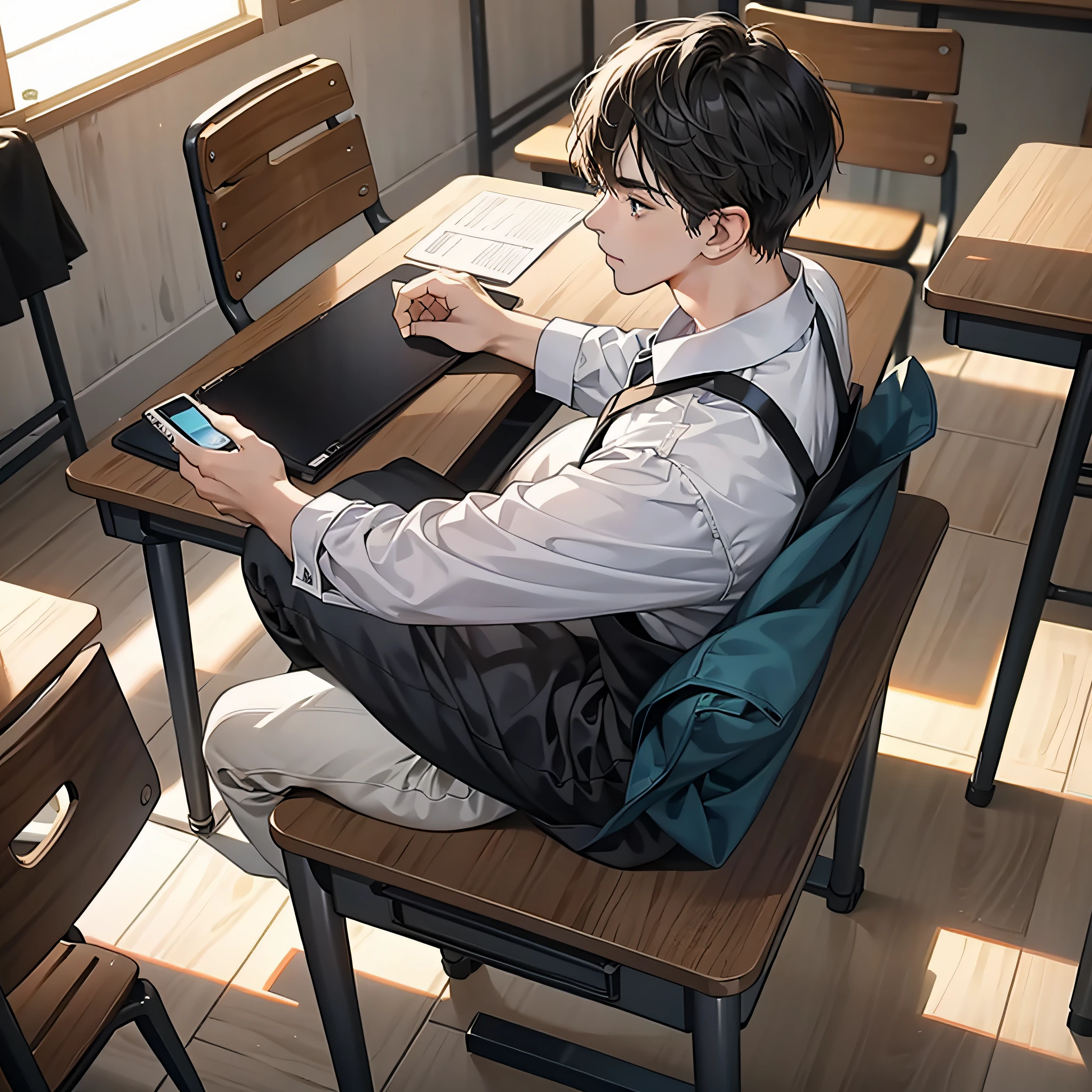 1 man, looking at his phone, with a serious expression, sitting in the classroom