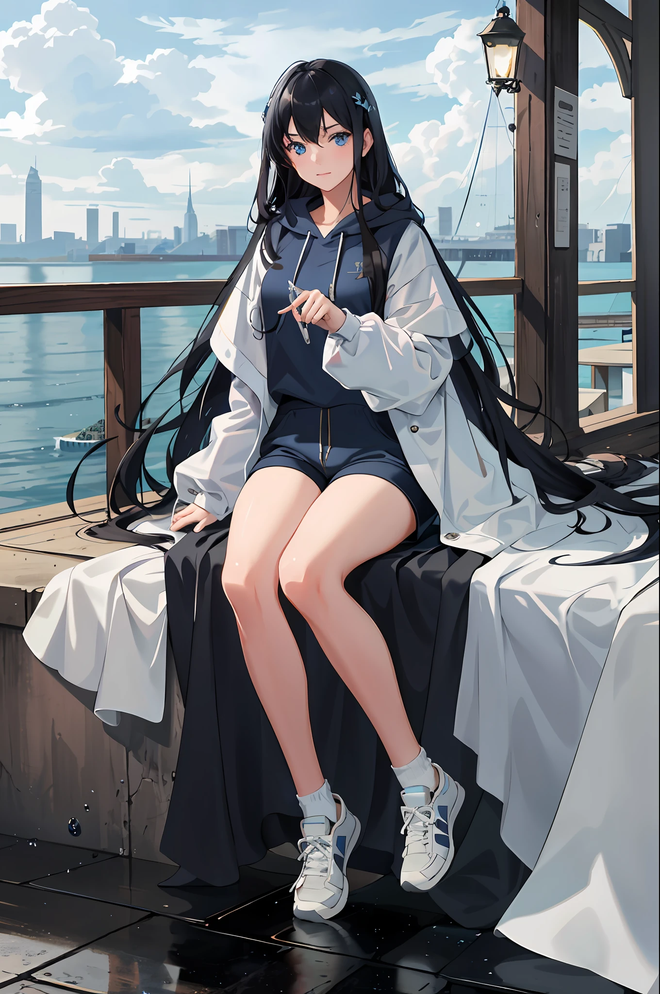 {{extremely delicate and beautiful hands}},highly detailed,masterpiece,ultra-detailed,illustration,{incredibly_absurdres},rain,1girl,solo,full body,an extremely delicate and beautiful girl,beautiful detailed eyes,cumulonimbus capillatus,focus_on_face,beautiful detailed glow,extremely detailed CG unity 8k wallpaper,bright_eyes,beautiful and delicate water,in autumn,goggles,blue hoodie, blue eyes,black hair,cityscape,smug,{{{ultra-detailed}}},delighted glow,{{beautiful hand and fingers}},{{{in the rain}}},expressionless,short shorts, cloudy sky,socks,sneakers,crossed bangs,