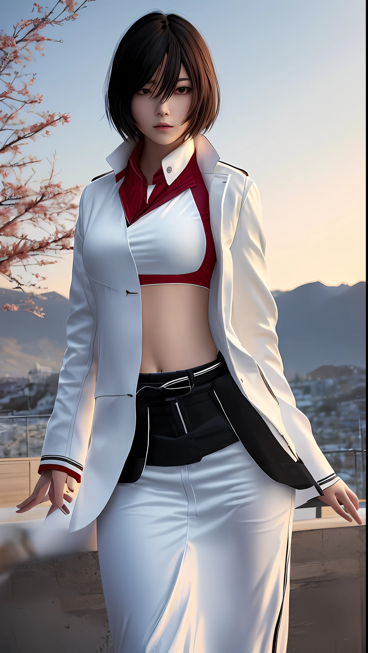 Young 20 years, Mikasa Ackerman ultra realistic, realistic, 8k, red coat, white blouse, large breasts, landscape, realistic style, serious, black pants, night angels style