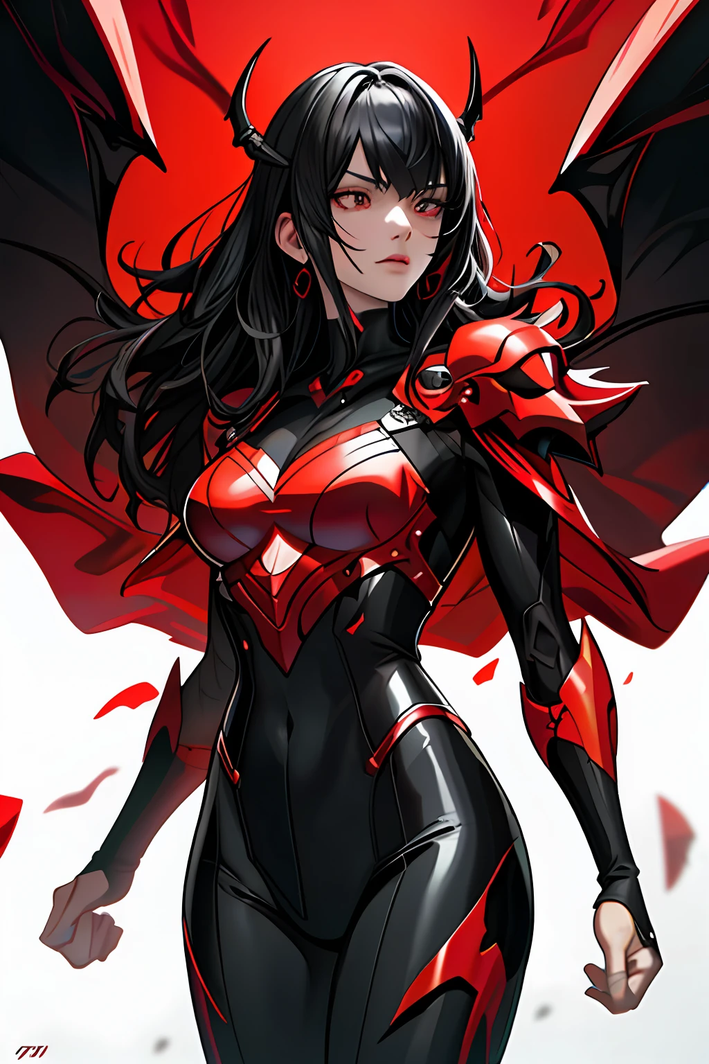 Red Demon attack a Black-Haired Woman, Low-cut Suit, Destroyed Black Cape, Red Heart, two characters, a demon and a girl, Good Perspective Composition, (((five fingers))), Cinematic Setting, Good Composition, Full Image, Personality Design, Artstation Theme, Deviantart Trending, Full HD, 4k, Detailed Detail, Digital Art, 8K Post Production, high resolution, very detailed , trending towards Artstation, Sharp-Focus, studio shot, detailed, many detailed, strong reflections , mismatched images ,Tin ,(((Hyperrealism)))