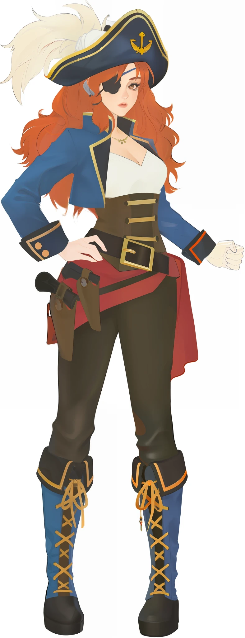A female figure holding a billiard cue, wearing a pirate suit, young woman, made in 3D, full body portrait, full body detail, digital drawing, picture quality 2k, full of details, clear facial structure, facial features Peugeot, refinement, girl, young woman, 20 years old, long orange hair, dark brown eyes