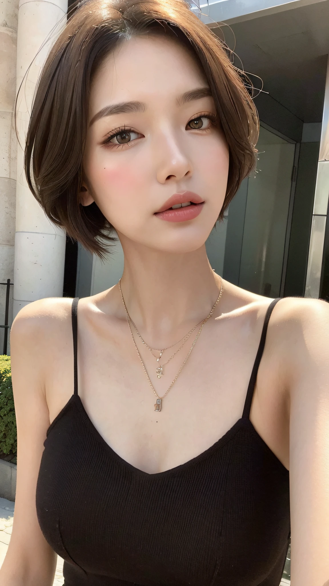 (Best quality, High resolution, Masterpiece :1.3), A tall and pretty woman, Slender figure, (Dark brown short hair), Wearing pendant, At street, Details exquisitely rendered in the face and skin texture, Detailed eyes, Double eyelid