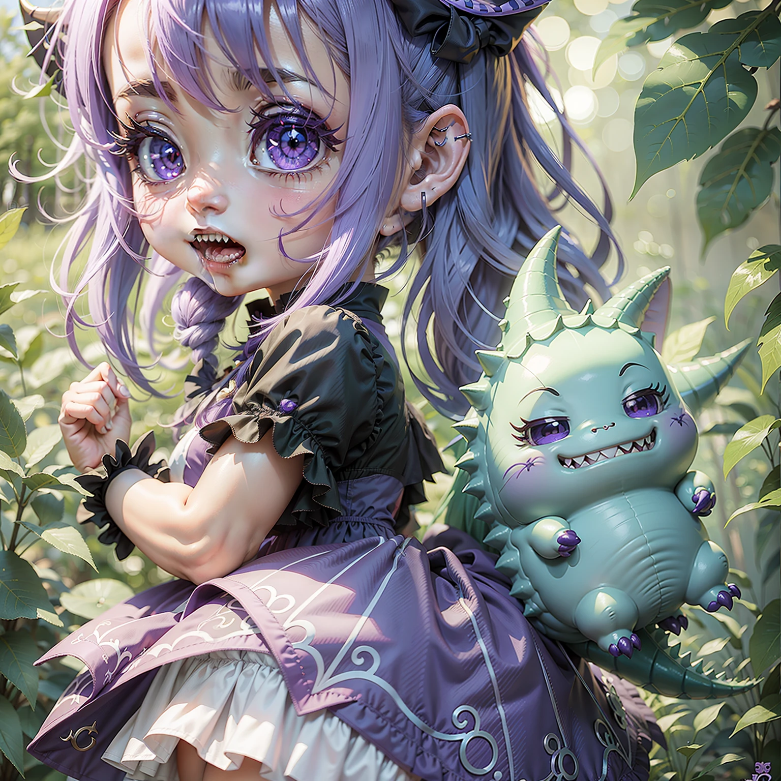 anime girl with purple hair and blue eyes holding a green leaf, chibi girl, kawaii chibi, anime chibi, advanced digital chibi art, small curvy , chibi, anime moe artstyle, chibi anime girl, chibi art, chibi anime, chibi style, cute anime waifu in a nice dress, cute kawaii girl, lolite character, dinosaur girl, dinosaur demon, demon girl, sharp teeth