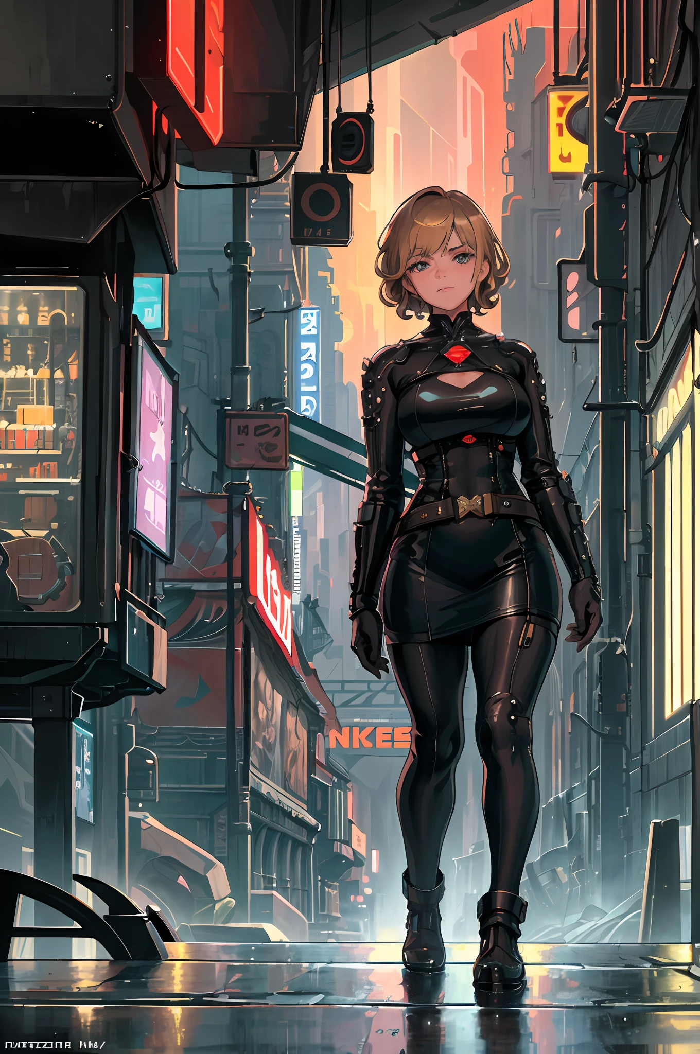 ((masterpiece)),((best quality)),((high detail)),((realistic,)) Futurist era city, deep gorges in the middle, architectural streets, bazaars, bridges, cyberpunk, european architecture, rainy night, neon, futuristic motorcycle, 1girl, curly short hair, dark blonde, light brown eye