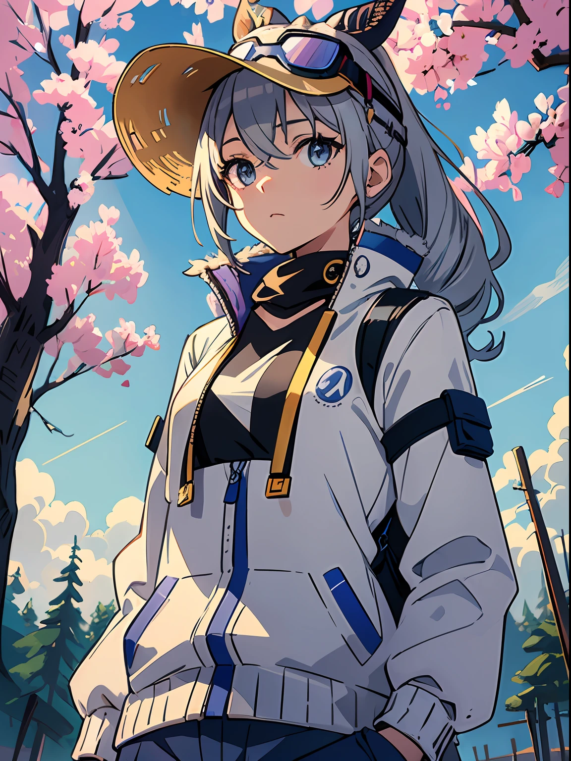 Exquisite masterpiece, the best quality, illustration style, an anime girl with a curly ponytail, gray beautiful eyes, petite body, outdoor walking, casual wear, sun protection clothing, sun hat, small, spring, heartwarming, youthful and beautiful, with blue-violet gradient ski goggles, gray hair, showing a natural casual style. The dynamic posture contains the golden section, a large aperture portrait, the picture is blank, the contrast between light and shadow is strong, the texture is super strong, the picture is super clear and concise, presenting an extremely beautiful, elegant and dignified, delicate face