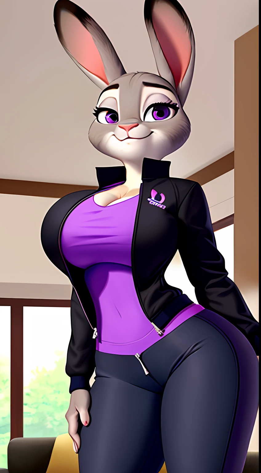 uploaded on e621, nsfw, raw photo, anthro, detailed face, detailed fur, snout, judy hopps, in living room, wearing purple sports jacket, half way ((unzipping jacket)), looking at viewer, purple and black yoga pants, black bra, huge breasts