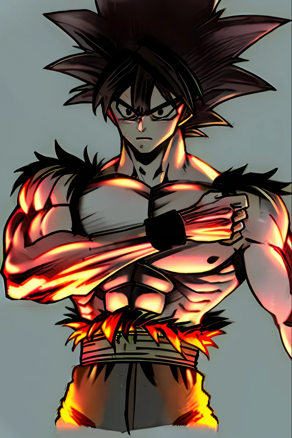 son goku, 1boy, closed mouth, male focus, muscular, muscular male, rock, sash, serious, solo, spiked hair, topless male, torn clothes, ultra instinct, black eyes, black hair, ((masterpiece))