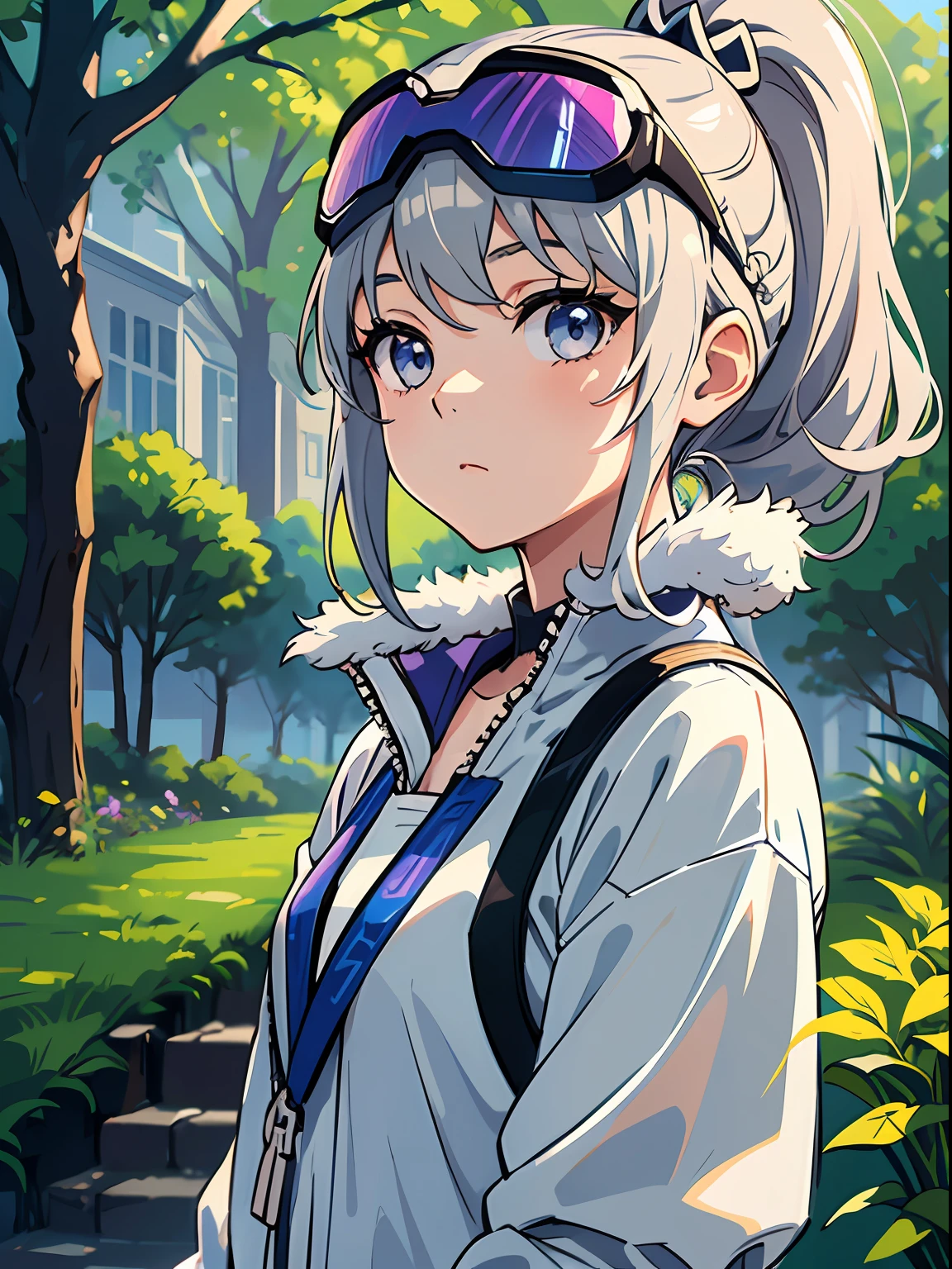 Exquisite masterpiece, the best quality, illustration style, an anime girl with a curly ponytail, gray beautiful eyes, petite figure, outdoor walking, casual wear, sunscreen clothing, the garden of words, small, spring, heartwarming, youthful and beautiful, with blue-violet gradient ski goggles, gray hair, showing a natural casual style. The dynamic posture contains the golden section, a large aperture portrait, the picture is blank, the contrast between light and shadow is strong, the texture is super strong, the picture is super clear and concise, presenting an extremely beautiful, elegant and dignified, delicate face