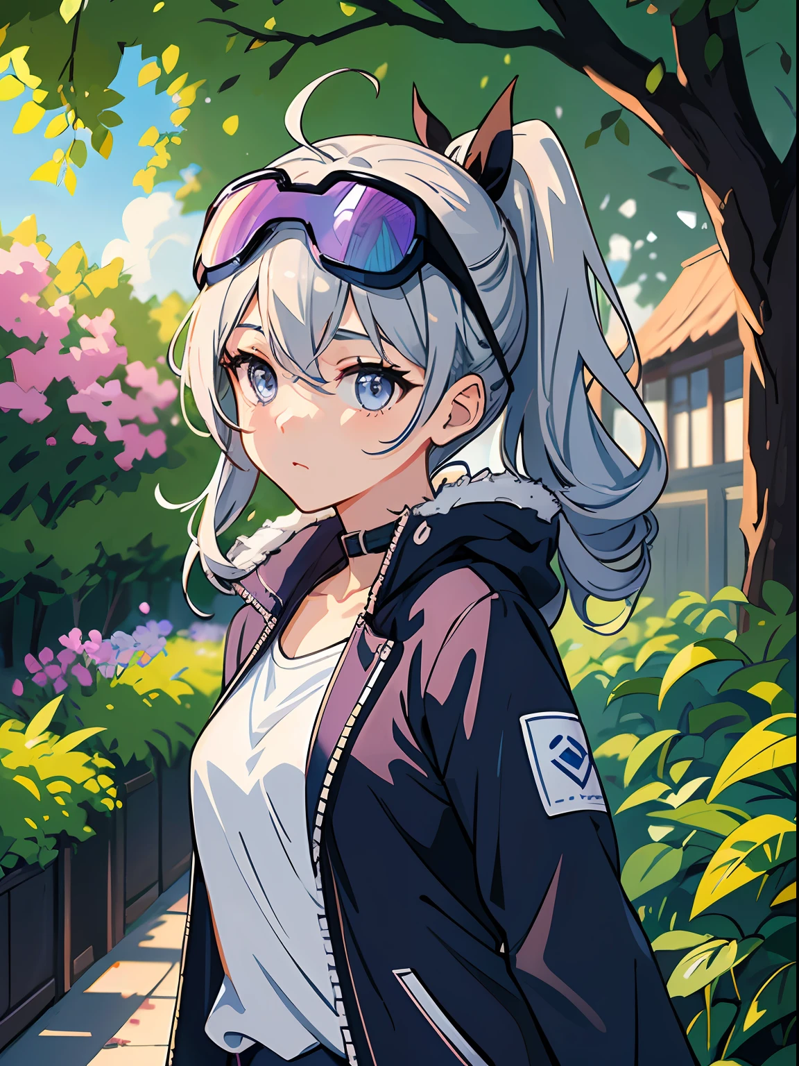Exquisite masterpiece, the best quality, illustration style, an anime girl with a curly ponytail, gray beautiful eyes, petite figure, outdoor walking, casual wear, sunscreen clothing, the garden of words, small, spring, heartwarming, youthful and beautiful, with blue-violet gradient ski goggles, gray hair, showing a natural casual style. The dynamic posture contains the golden section, a large aperture portrait, the picture is blank, the contrast between light and shadow is strong, the texture is super strong, the picture is super clear and concise, presenting an extremely beautiful, elegant and dignified, delicate face