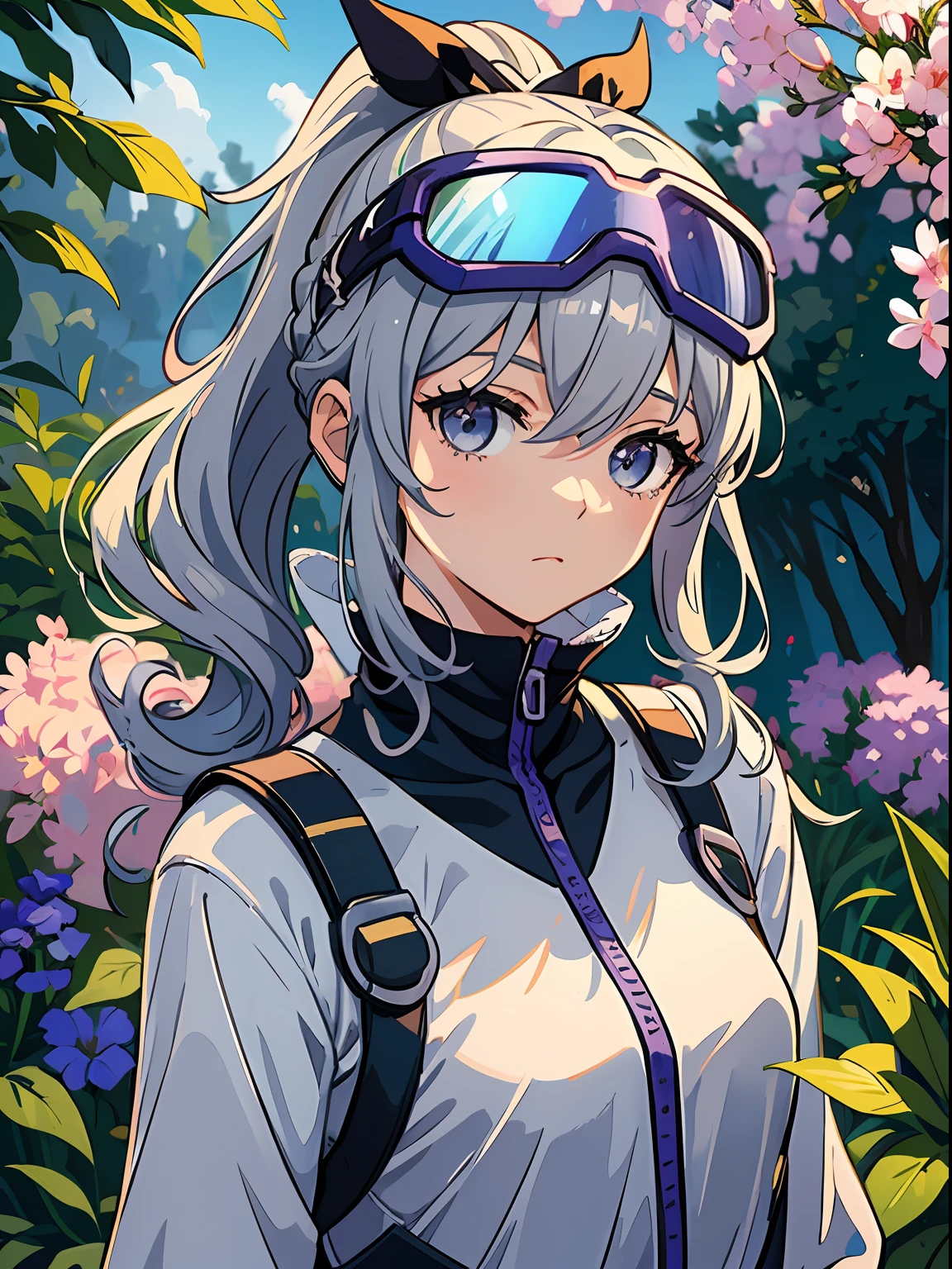 Exquisite masterpiece, the best quality, illustration style, an anime girl with a curly ponytail, gray beautiful eyes, petite figure, outdoor walking, casual wear, sunscreen clothing, the garden of words, small, spring, heartwarming, youthful and beautiful, with blue-violet gradient ski goggles, gray hair, showing a natural casual style. The dynamic posture contains the golden section, a large aperture portrait, the picture is blank, the contrast between light and shadow is strong, the texture is super strong, the picture is super clear and concise, presenting an extremely beautiful, elegant and dignified, delicate face