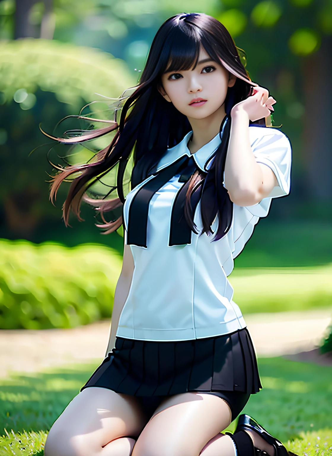 mix4, (8k, RAW photos, top quality, masterpiece: 1.27), (realistic, photorealistic: 1.37), photon mapping, radiosity, one girl, cute, professional lighting, physically based rendering, ((Black spandex shorts: 1.37)), shorts under skirt, uniforms, cosplay, lively girl, Side view, kneeling posture, hair fluttering in the wind, blurring background, handsome, masterpiece, highest quality, high resolution, highest quality photo, high resolution, high resolution, 1080p, (clear face), (detailed face description), (detailed hand description), (masterpiece), (elaborate cg), (detailed facial features), (highest quality photo), (masterpiece), (detailed eyes)