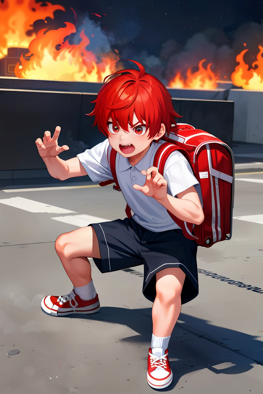 6 year old boy with school clothes and backpack, red hair, super detailed, power in right hand, white All Star Converse sneakers, attack pose, ruined scenery with smoke and fires, furious and screaming