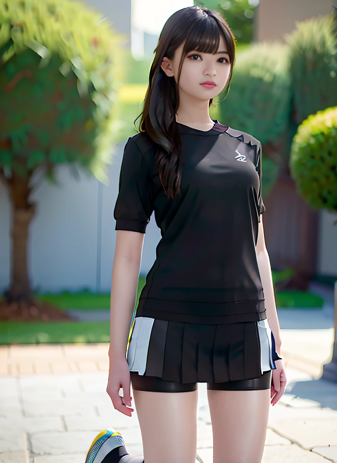 mix4, (8k, RAW photos, top quality, masterpiece: 1.27), (realistic, photorealistic: 1.37), photon mapping, radiosity, one girl, cute, professional lighting, physically based rendering, ((Black spandex shorts: 1.37)), shorts under skirt, uniforms, cosplay, lively girl, Side view, kneeling posture, hair fluttering in the wind, blurring background, handsome, masterpiece, highest quality, high resolution, highest quality photo, high resolution, high resolution, 1080p, (clear face), (detailed face description), (detailed hand description), (masterpiece), (elaborate cg), (detailed facial features), (highest quality photo), (masterpiece), (detailed eyes)