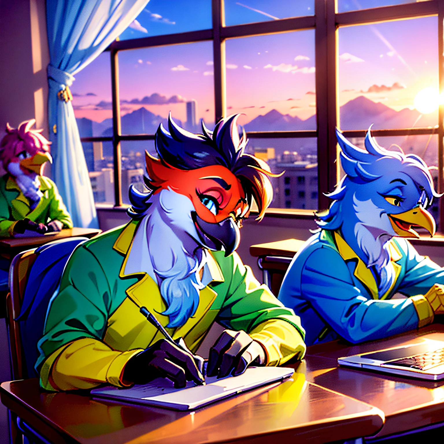 (best possible level of detail, masterpiece) (Vivid and bright colors) Five male birds, anthropomorphic, happy and smiling, wear pajamas, stand up and work on laptops in the classroom. In the background of the scene, a sunrise can be seen through a window.
