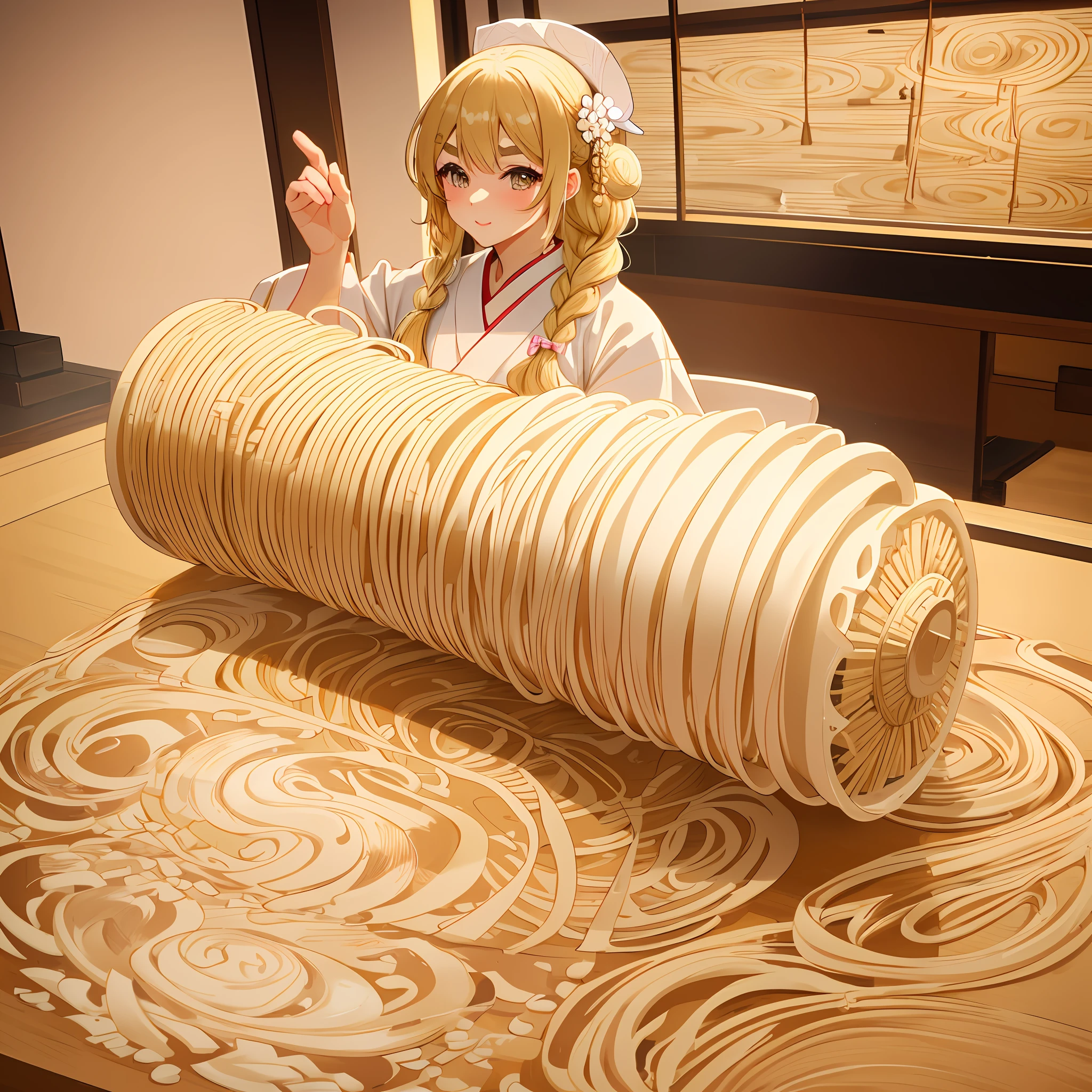 Making udon noodles, stepping on udon dough, stepping on udon noodles, background is Japanese kitchen, kappo kimono, female gaki, thick eyebrows, thick thighs, thin waist, beautiful blonde, braid, (masterpiece), ((highest quality)), (super detailed), girl, (beautiful eyes)), beautiful detailed eyes, clean and detailed face, five fingers, textile shading, perfect anatomy,