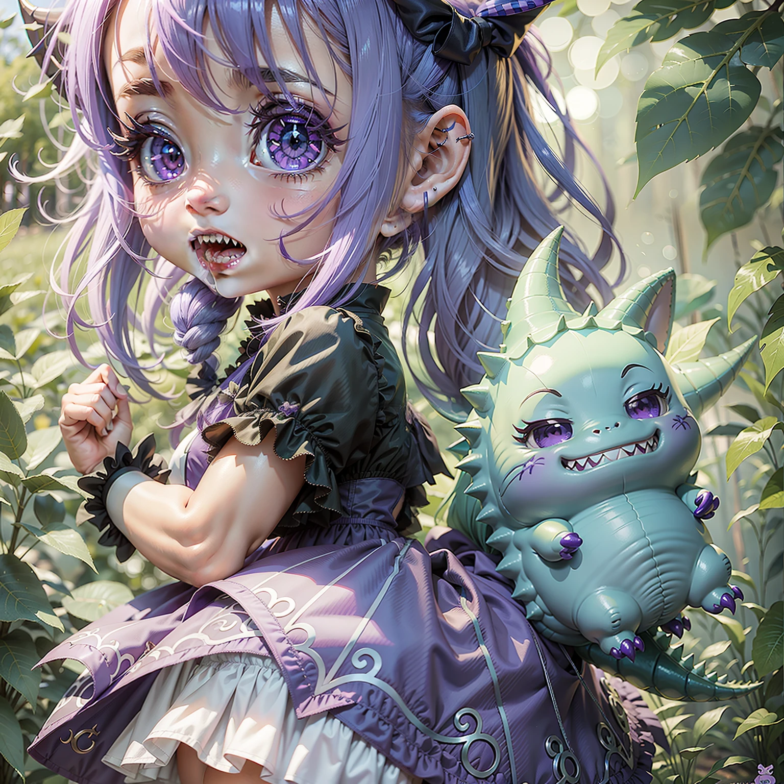 anime girl with purple hair and blue eyes holding a green leaf, chibi girl, kawaii chibi, anime chibi, advanced digital chibi art, small curvy , chibi, anime moe artstyle, chibi anime girl, chibi art, chibi anime, chibi style, cute anime waifu in a nice dress, cute kawaii girl, lolite character, dinosaur girl, dinosaur demon, demon girl, sharp teeth
