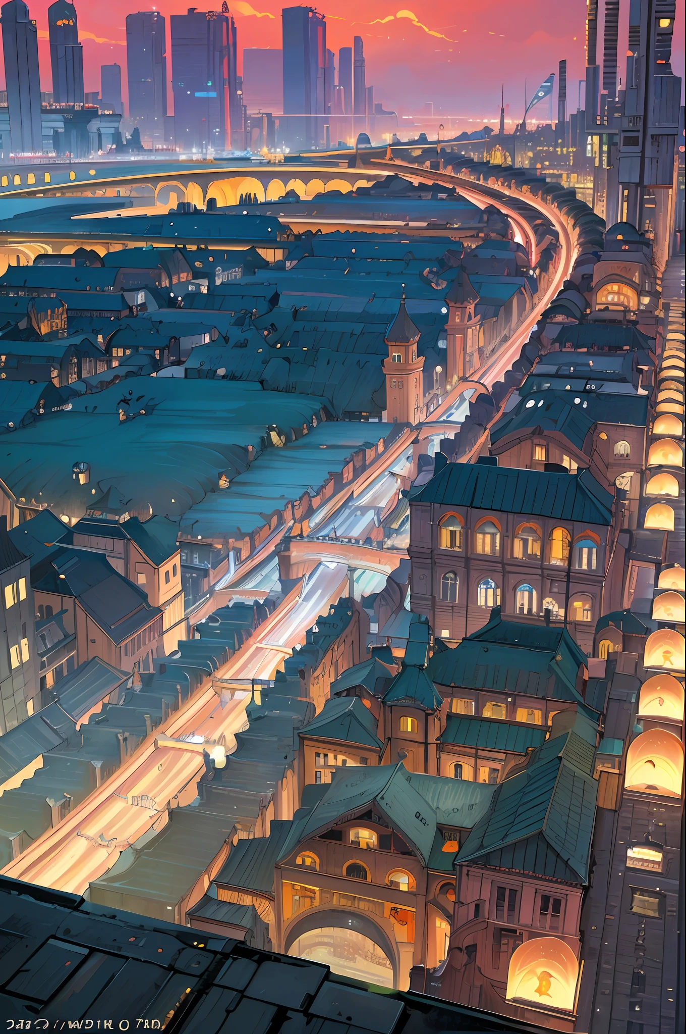 ((masterpiece)),((best quality)),((high detail)),((realistic,)) Futurist era city, deep gorges in the middle, architectural streets, bazaars, bridges, cyberpunk, European architecture, rainy night, neon, panoramic view, view from above of various buildings