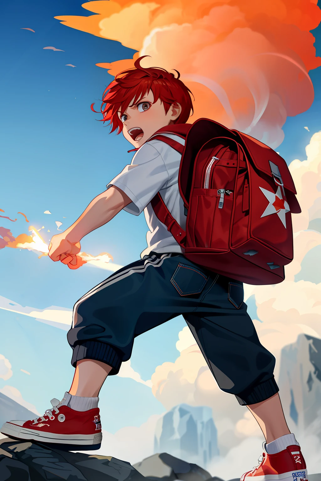 6 boy with school clothes and backpack, red hair, super detailed, power in right hand, white All Star Converse sneakers, attack pose, ruined scenery with smoke and fires, furious and screaming