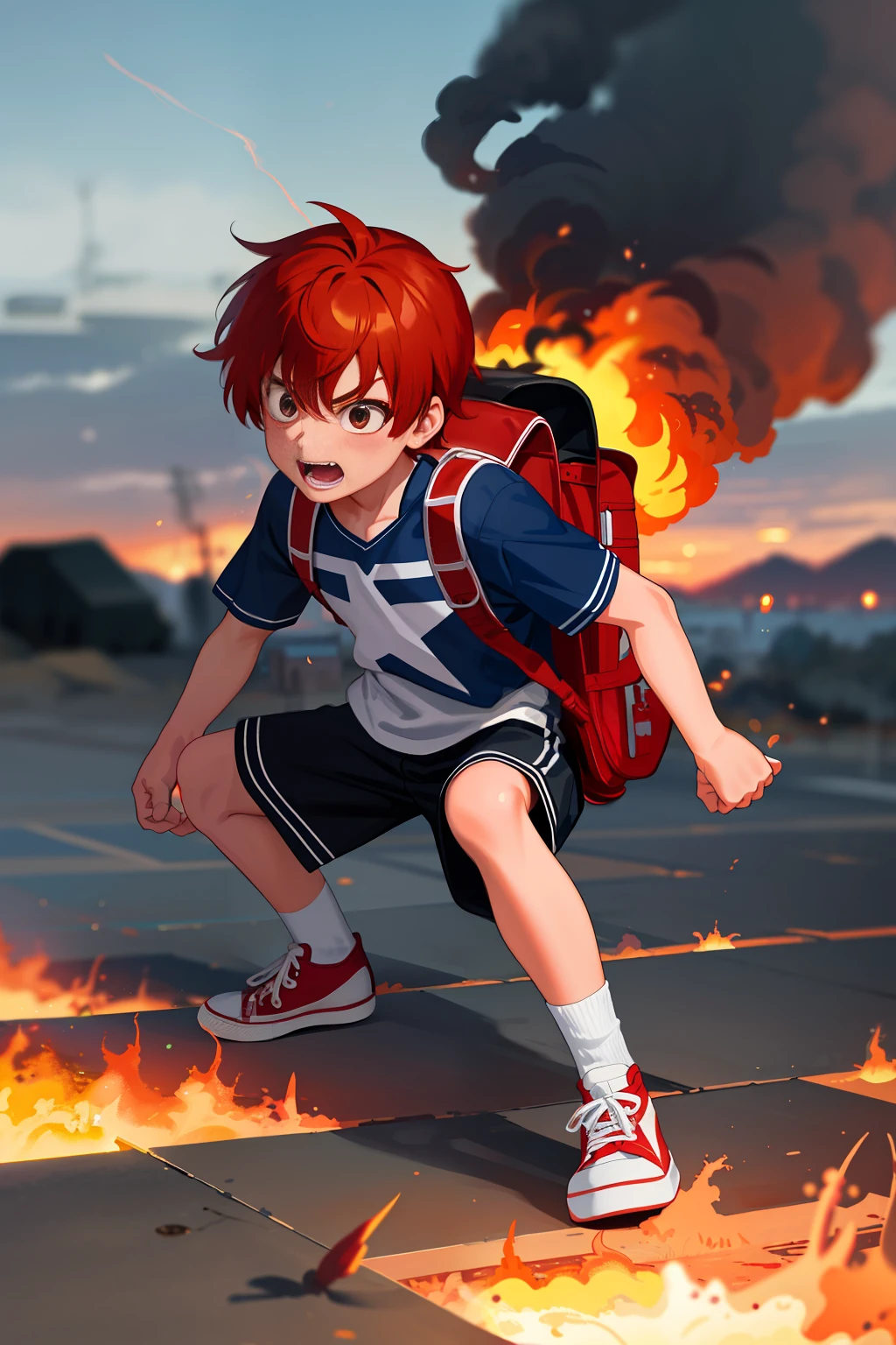 6  boy with school clothes and backpack, red hair, super detailed, power in right hand, white All Star Converse sneakers, attack pose, ruined scenery with smoke and fires, furious and screaming