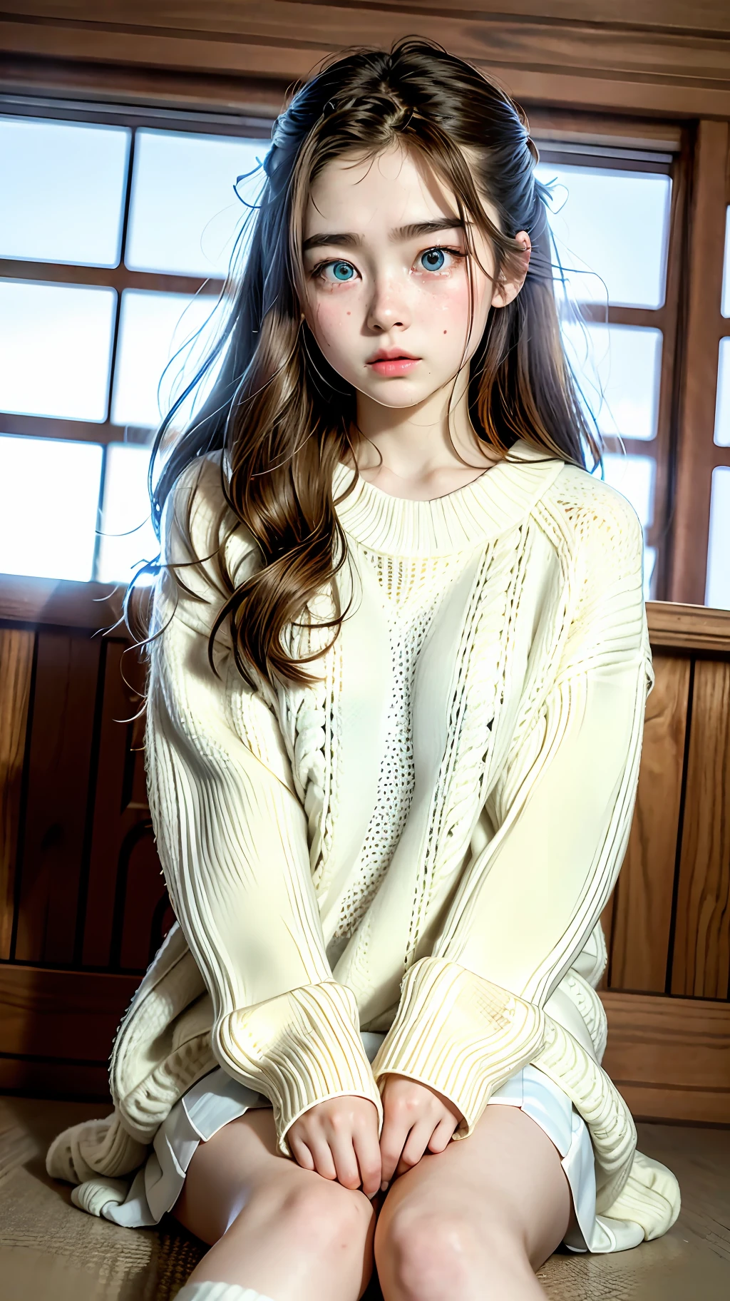 RAW photo, dynamic angle, highly detailed, soft light, 1girl, pale skin, korean, 14 years old, innocent, sad face, crying, long brown hair, hair tied, blue eyes, glassy eyes, freckles, white sweater, white short skirt, sock, wide thighs, v-shaped eyebrows, sit on soffa, glowing light, god rays, drop shadow 8k, masterpiece