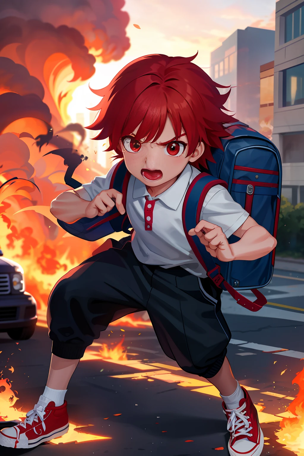6 year old boy with school clothes and backpack, red hair, super detailed, power in right hand, white All Star Converse sneakers, attack pose, ruined scenery with smoke and fires, furious and screaming