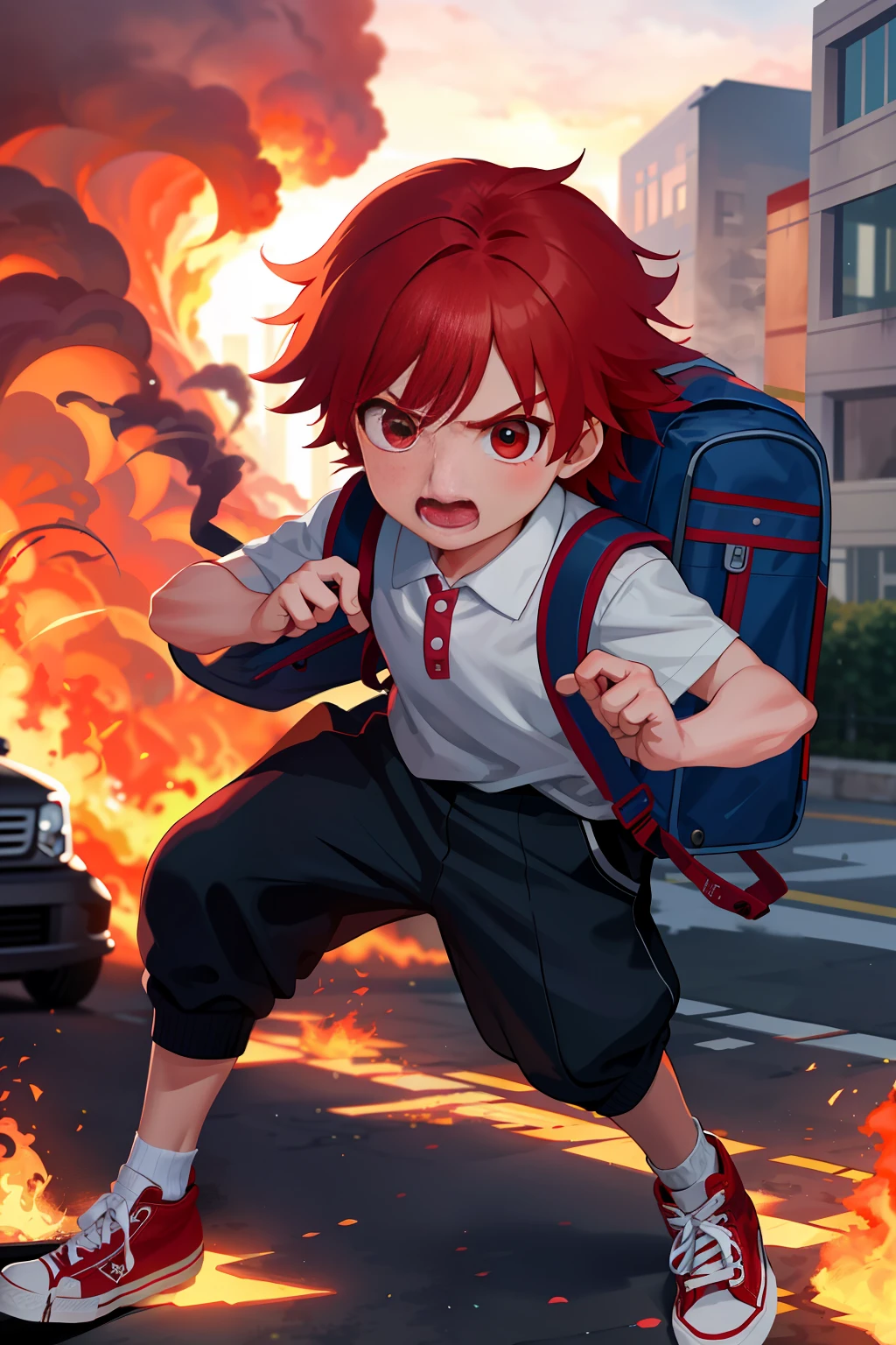6 year old boy with school clothes and backpack, red hair, super detailed, power in right hand, white All Star Converse sneakers, attack pose, ruined scenery with smoke and fires, furious and screaming