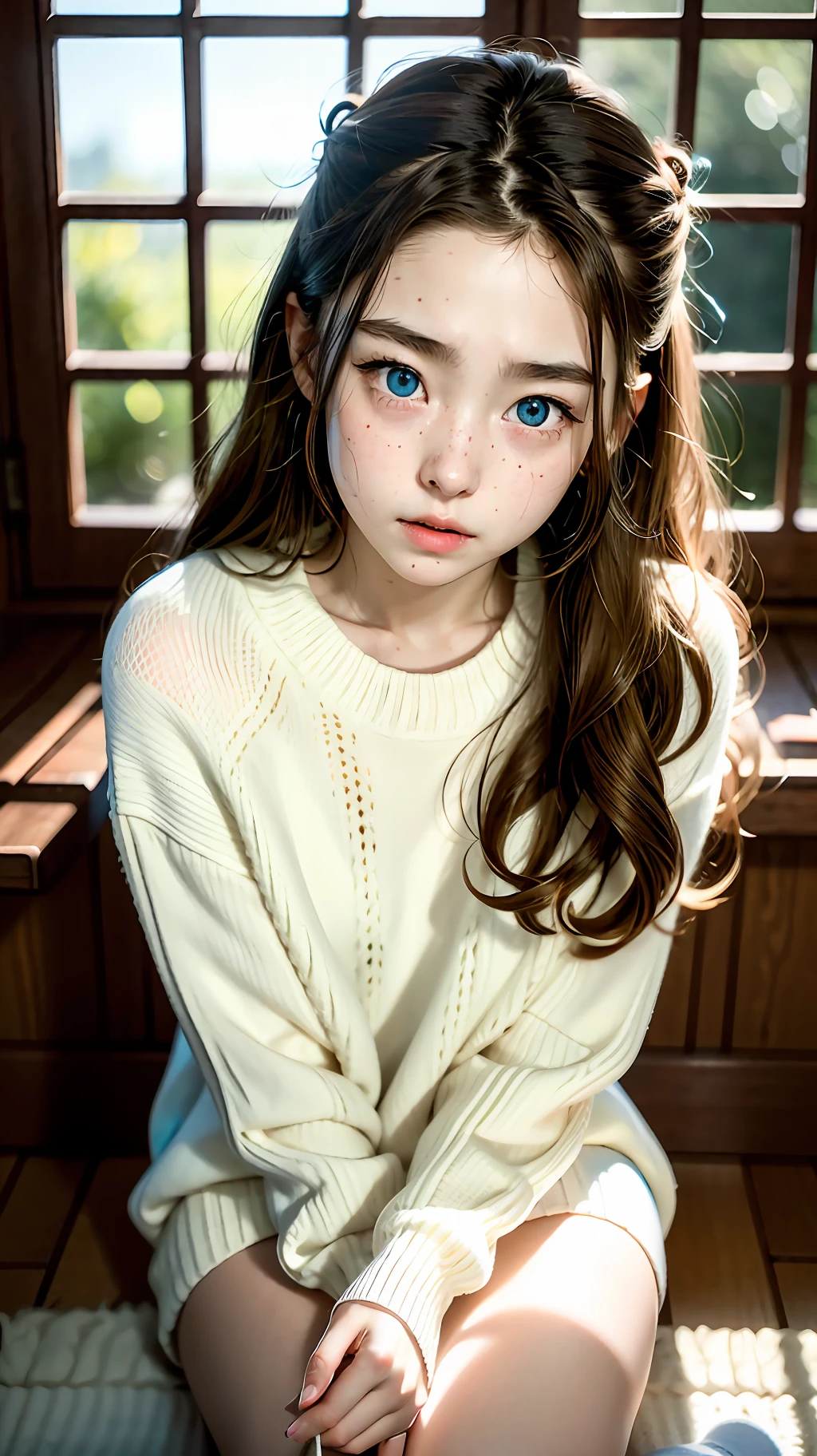 RAW photo, dynamic angle, highly detailed, soft light, 1girl, pale skin, korean, 14 years old, innocent, sad face, crying, long brown hair, hair tied, blue eyes, glassy eyes, freckles, white sweater, white short skirt, sock, wide thighs, v-shaped eyebrows, sit on soffa, glowing light, god rays, drop shadow 8k, masterpiece