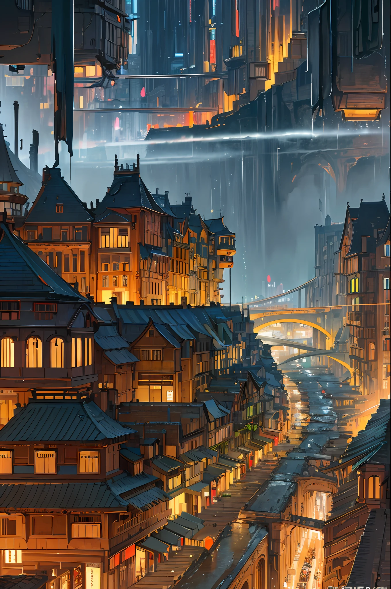 ((masterpiece)),((best quality)),((high detail)),((realistic,)) Futurist era city, deep gorges in the middle, architectural streets, bazaars, bridges, cyberpunk, European architecture, rainy night, neon, panoramic view, view from above of various buildings