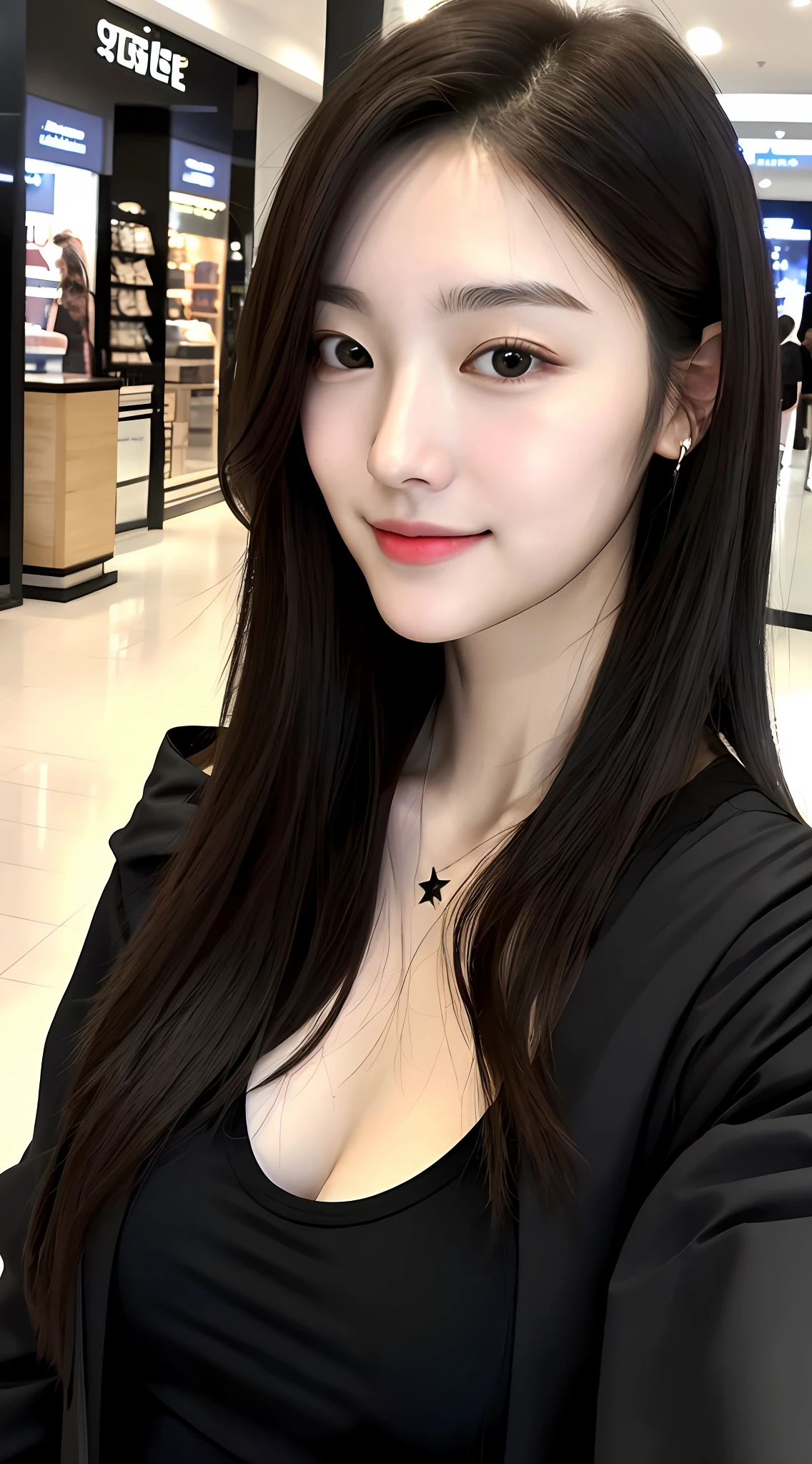 realistic photos of (1 cute Korean star) Shoulder-length hair, thin makeup, medium breasts size, slightly smile, black jacket with black tanktop, in mall, taking selfie, from above, clear facial features, 16K high resolution, sharp and realistic details.