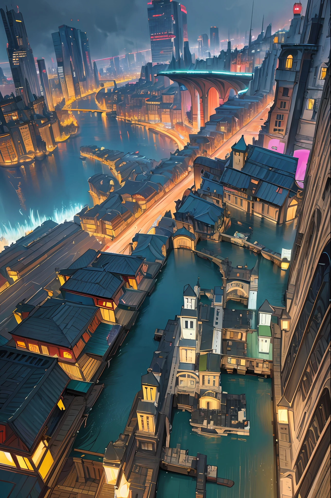 ((masterpiece)),((best quality)),((high detail)),((realistic,)) Futurist era city, deep gorges in the middle, architectural streets, bazaars, bridges, cyberpunk, European architecture, rainy night, neon, panoramic view, view from above of various buildings