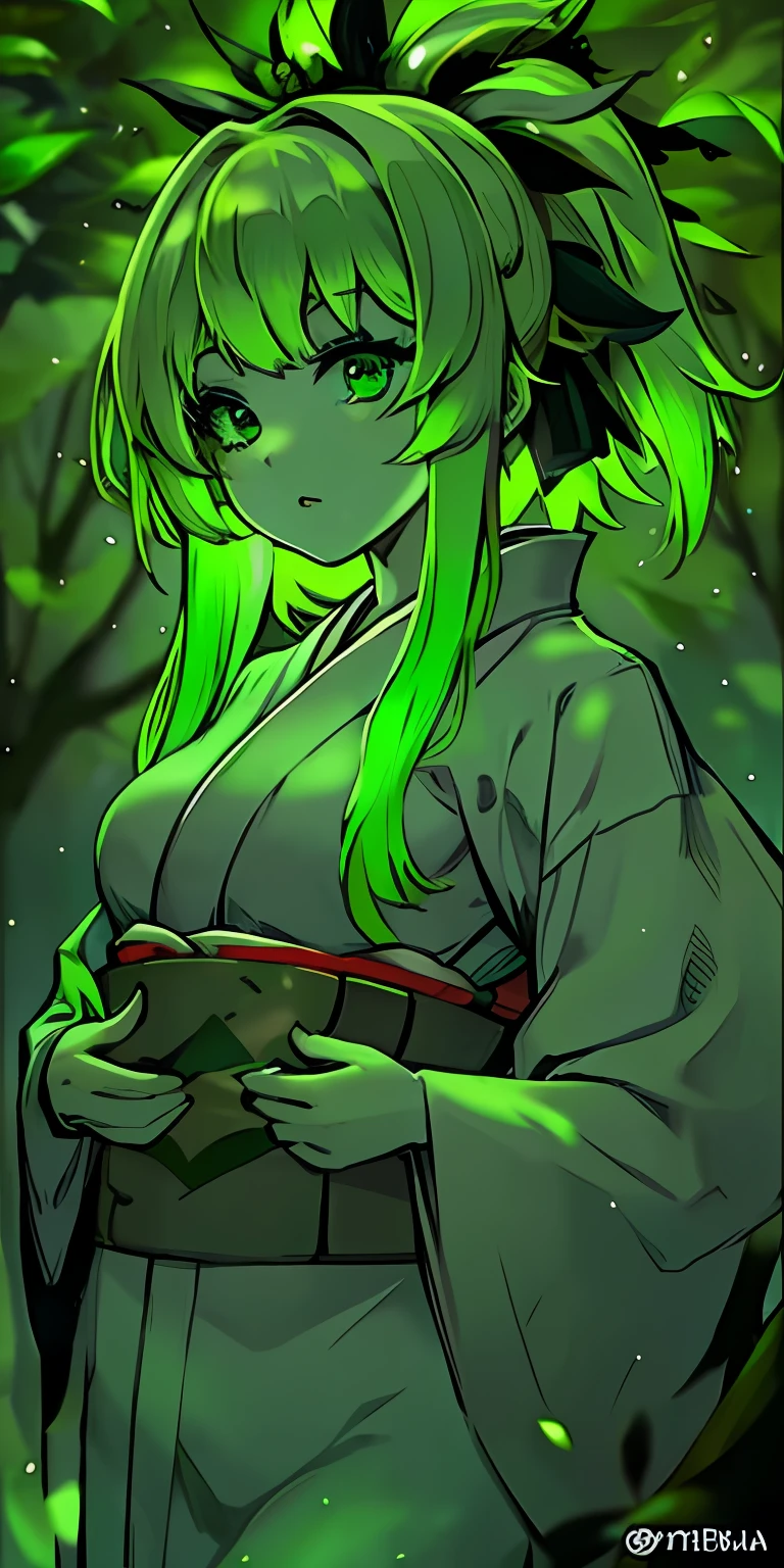 Beautiful green hair girl green kimono,green forest green eyes,flourescent green