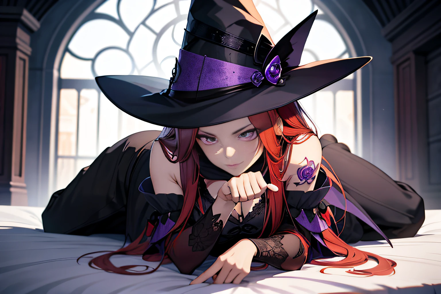 witch, witch hat, long red hair, tattooed arms, purple eyes, vampire teeth, lying on a bed, sensual position, short clothes, best quality, good anatomy, detailed face, 4k, masterpiece, detailed eyes