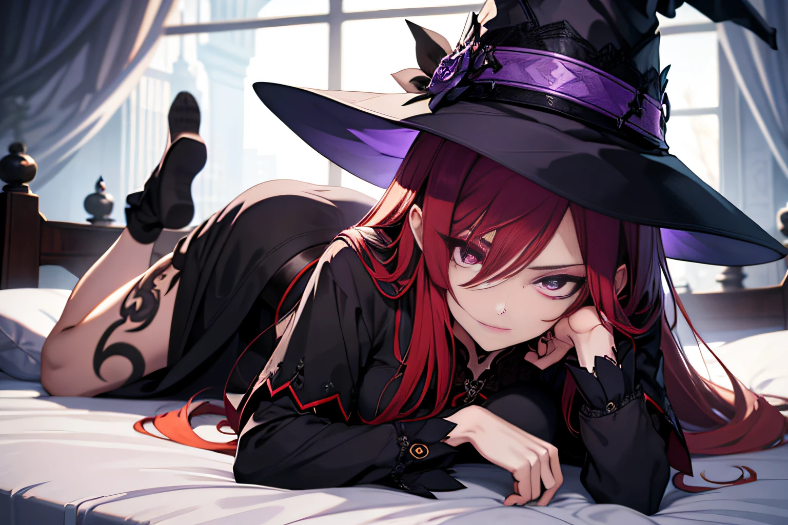 witch, witch hat, long red hair, tattooed arms, purple eyes, vampire teeth, lying on a bed, sensual position, short clothes, best quality, good anatomy, detailed face, 4k, masterpiece, detailed eyes
