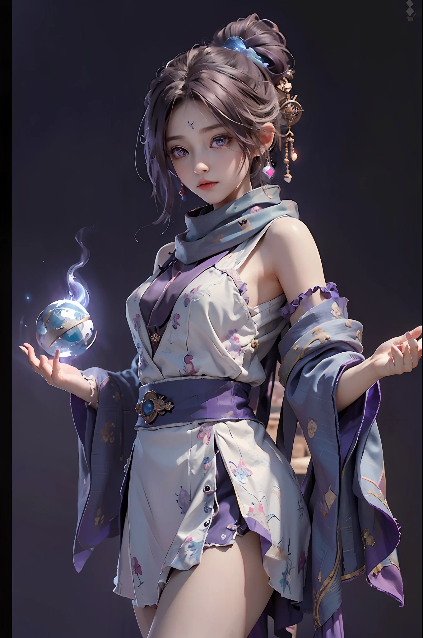 (((masterpiece))), (((best quality))), ((ultra-detailed)), (highly detailed CG illustration), cinematic light, intricate detail,
(full body:1.2), chibi,
1girl, purple eyes, medium breats ,scarf, wallpaper, magic circle background, light particles, blue fire,