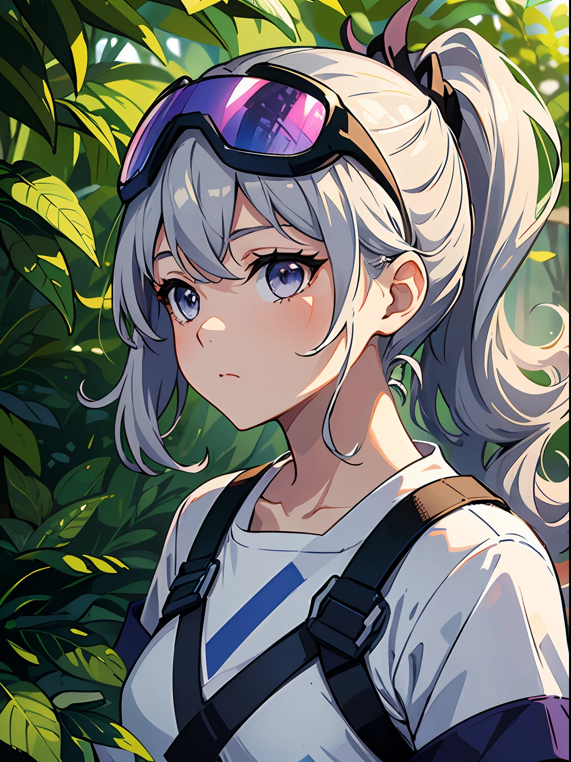 Exquisite masterpiece, best quality, illustration style, an anime girl with curly ponytail, gray beautiful eyes, petite figure, outdoor walking, casual wear, thin sunscreen clothing, spring, white short sleeves, small, spring, heartwarming, youthful and beautiful, with blue-purple gradient ski goggles, gray hair, showing a natural casual style. The dynamic posture contains the golden section, a large aperture portrait, the picture is blank, the contrast between light and shadow is strong, the texture is super strong, the picture is super clear and concise, presenting an extremely beautiful, elegant and dignified, delicate face