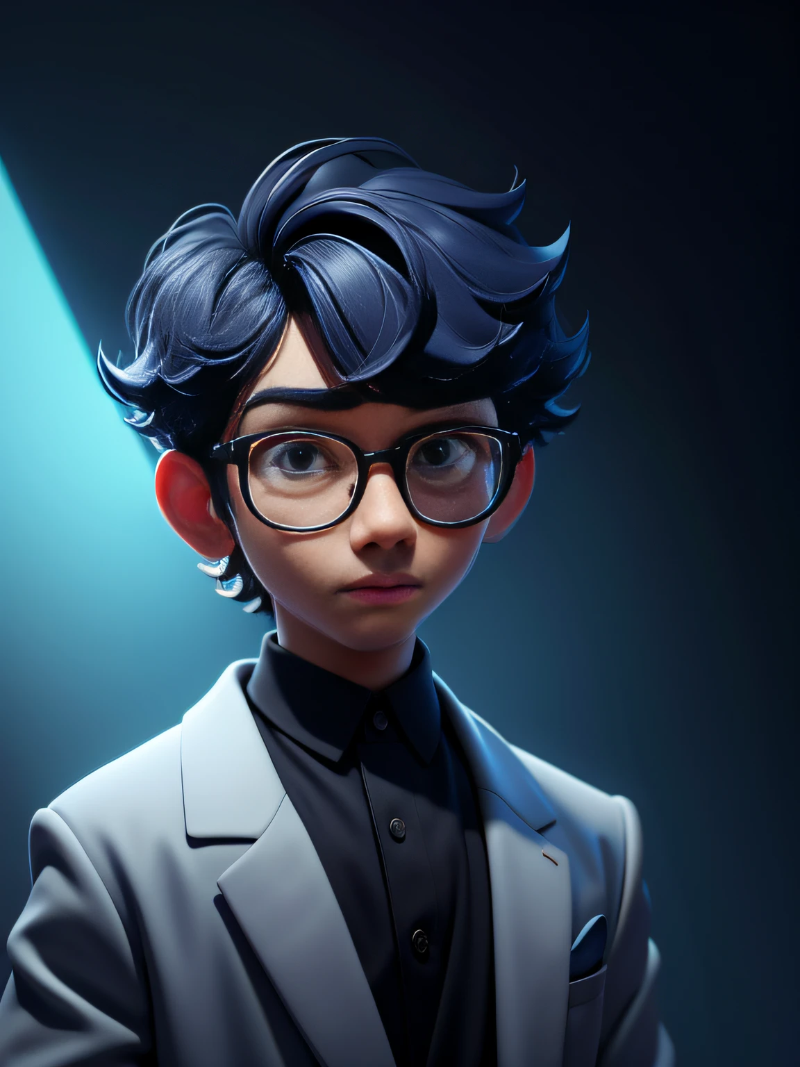 (Masterpiece: 1.5), (Best Quality: 1.5), High Resolution, Highly Detailed, 3DMM, A Boy, Soloist, Speaker, Leader, Wearing Glasses, Serious, Performance of Future Technology, Data, Low Contrast, Vivid Lighting, Atmospheric Depth, Superb Technology, Harmonious Composition, Creative Refinement, Striking Juxtaposition, Evocative Tones, Captivating Colors, Dramatic Lighting