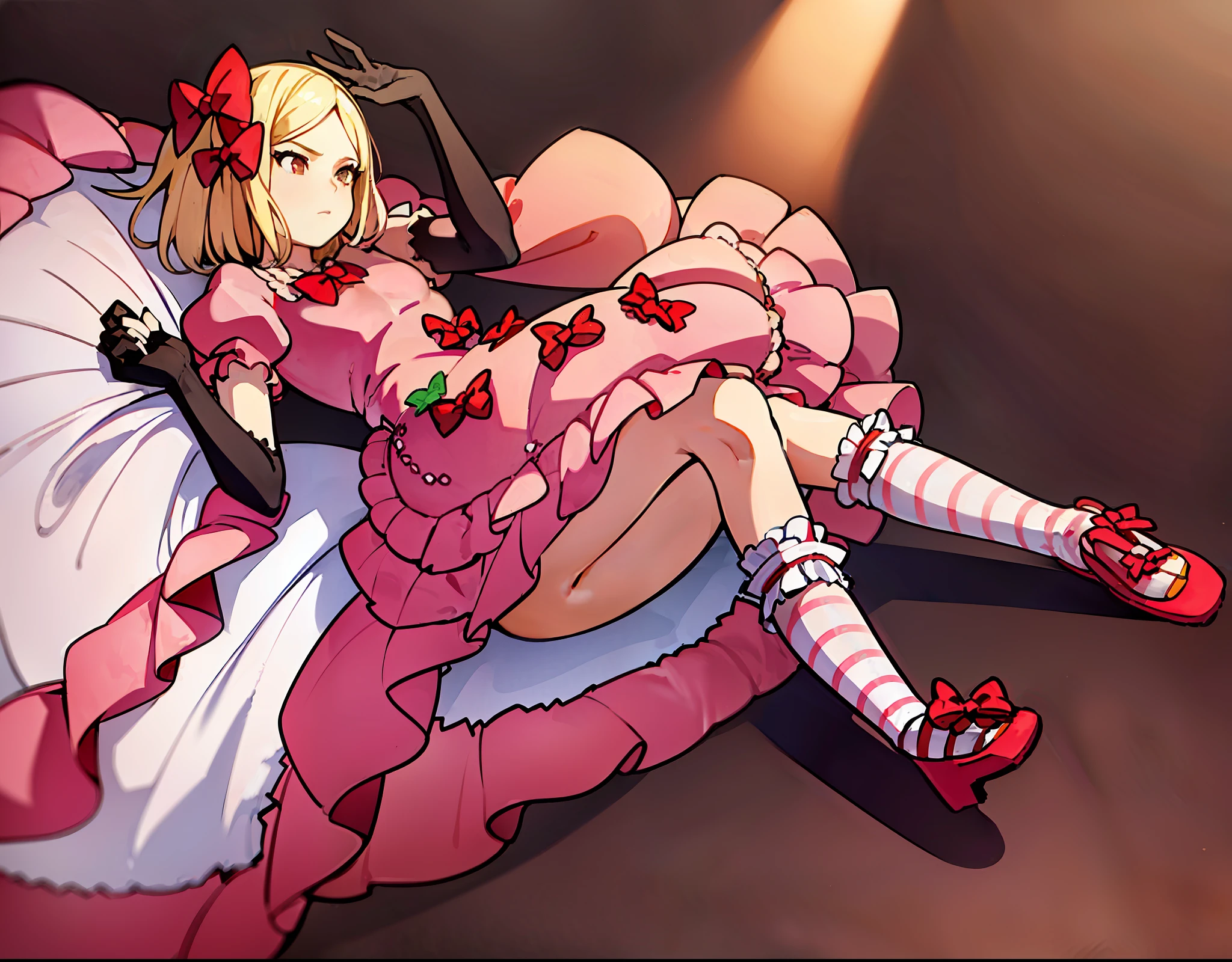1girl, lambdadelta, pink dress, kneehighs, striped legwear, red shoes, shoe bow, red bows, blond hair, short hair, brown eyes, elbow black gloves, top-down bottom-up, ((beautiful girl)), (masterpiece), (best quality), (ultra detailed), top quality