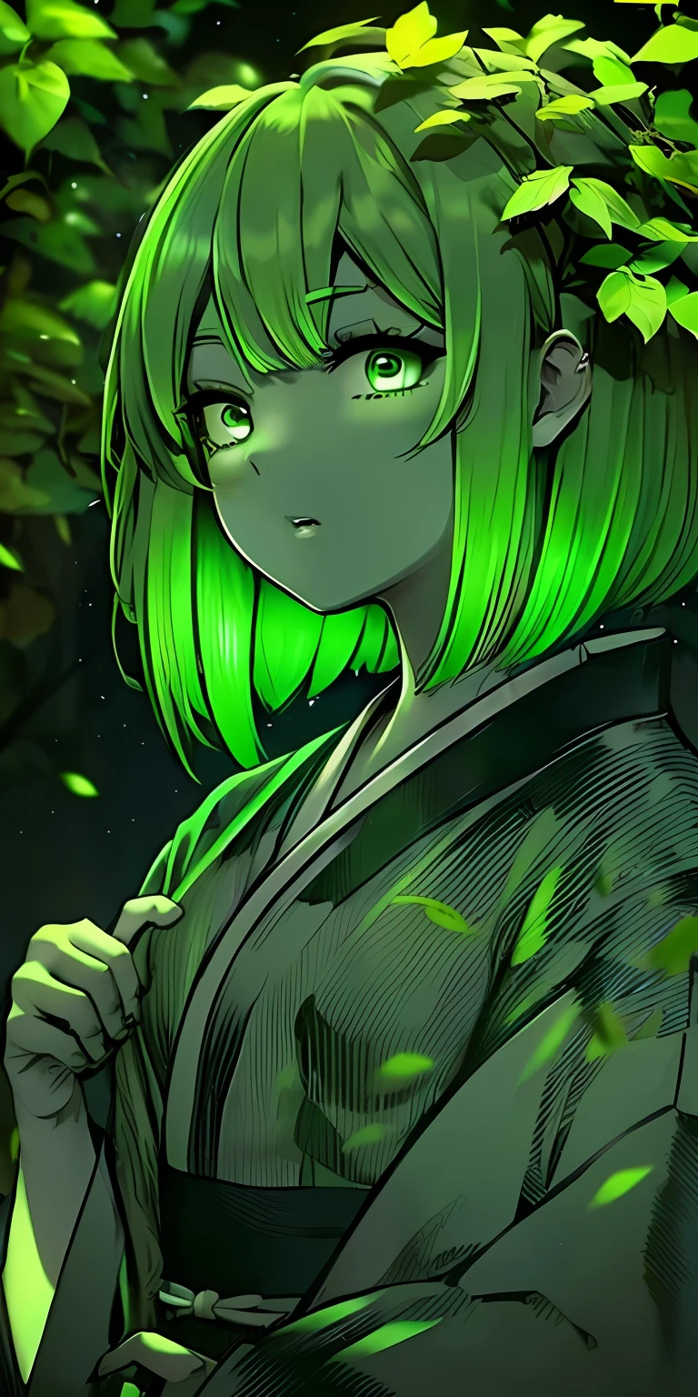 Beautiful green hair girl green kimono,green forest green eyes,flourescent green