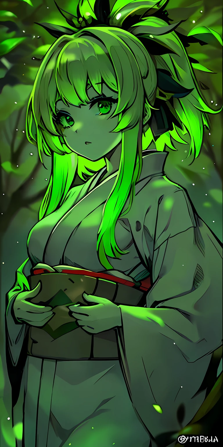Beautiful green hair girl green kimono,green forest green eyes,flourescent green