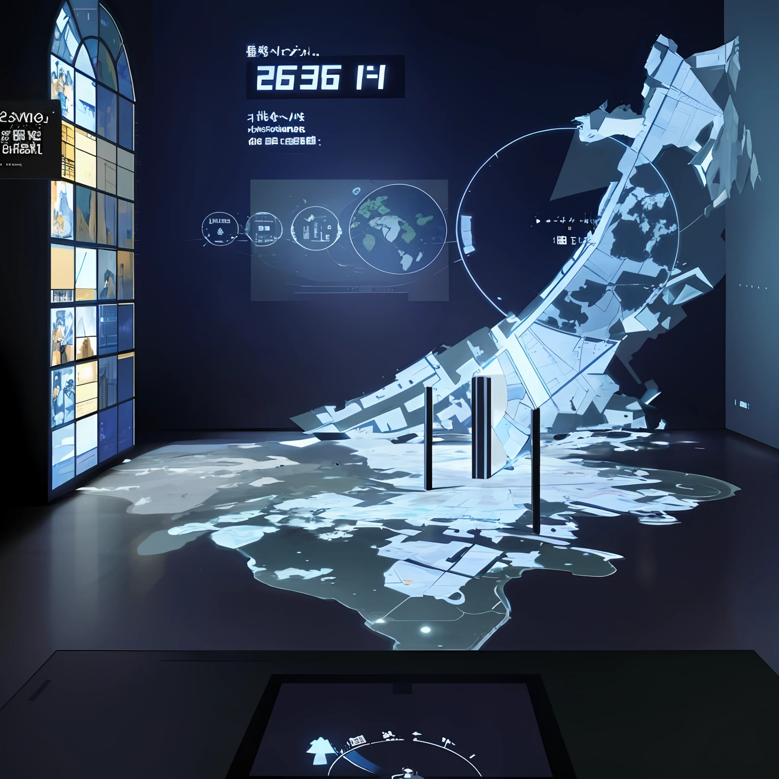 arafed display of a map of the world with a map of the world on it, digital screens on the walls, interactive art, projection design installation, digital displays, digital walls, projection mapping, museum exposition, holographic projection, displayed in the exhibition hall, awesome exposition, exhibition, virtual installation, technological screens, cyber installation, virtual metaverse room