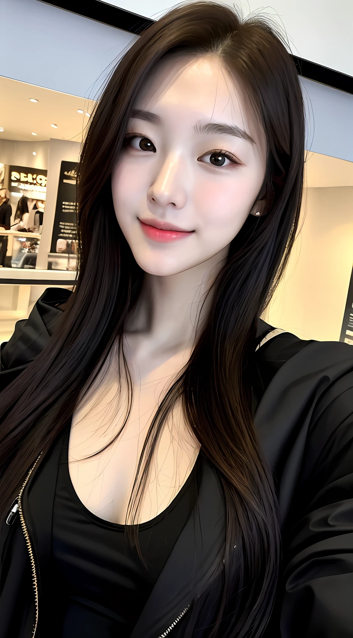 realistic photos of (1 cute Korean star) Shoulder-length hair, thin makeup, medium breasts size, slightly smile, black jacket with black tanktop, in mall, taking selfie, from above, clear facial features, 16K high resolution, sharp and realistic details.