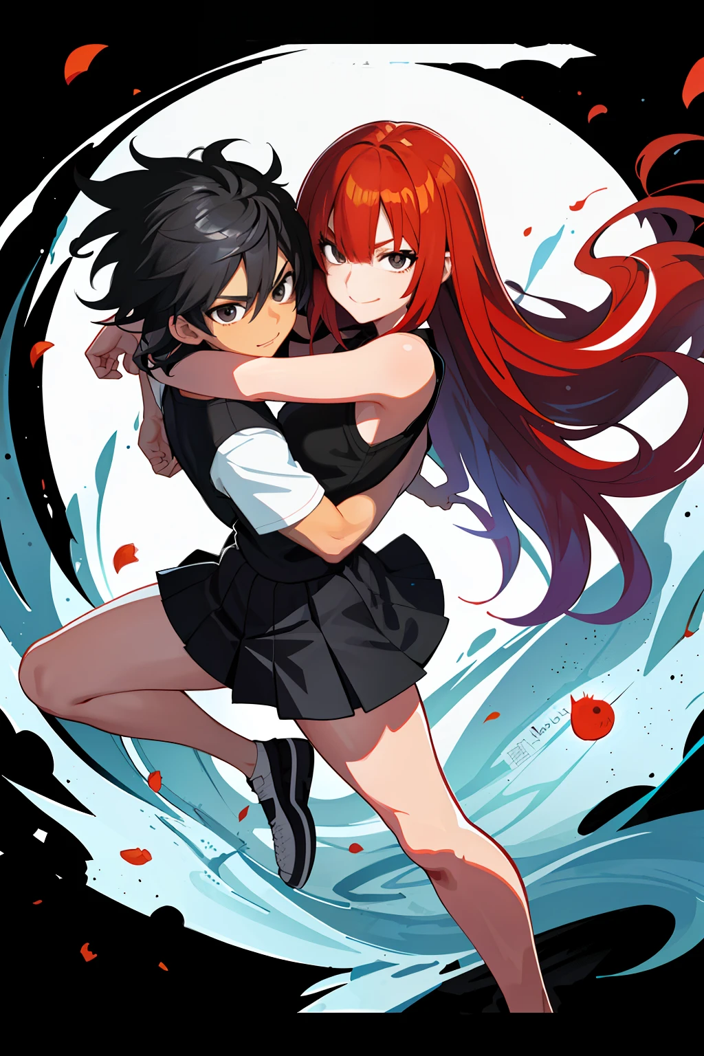 :: Joe Madureira Style:: Beautiful woman perfect and detailed and beautiful smiling,6 year old boy hugging her with school clothes red hair, super detailed, ultra detailed anime style, clothes with tatoon drawings, in various full-body attack poses and with immersive effects, hover effect, graphite style background with vibrant colors "HDR ultra" detailed and with focus effect, with fixed black all star converse sneakers (masterpiece: 1.2, best quality), (finely detailed beautiful eyes: 1.2),extremely detailed, depth of field,shot with canon eos,lens 135mm f1.8,portrait of [x]( )),long hair, straight and black,with a natural glow,(anime black eyes:1.4), (finely detailed eyes and detailed face:1.3),), (with ultra detailed black school skirt and fixed shape and color,  white t-shirt with tatoom print with fixed format Mandarin letters,ultra detailed:1.3), (beautiful and clear background:1.2), ultra-detailed, Best Shadow:1.1),("" character demonstrating his super power in the fist"")((depth of field and blur)), ((watercolor)), large breasts, bare shoulders, flowers and petals, bbela conceptual illustration , (white background:0.5), (illustration :1.1), (extremely thin and beautiful:  1.1), (perfect details: 1.1) graffiti style background, freedom, soul, digital illustration, perfect anatomy, centered, approaching perfection, dynamic, highly detailed, watercolor painting, artstation, concept art, smooth, sharp focus, illustration,, villain man, wearing a super detailed black jacket, black gloves, power in right hand, black converse sneakers, black long hair, destructive power in your control,  Ruined scenery with smoke and fires