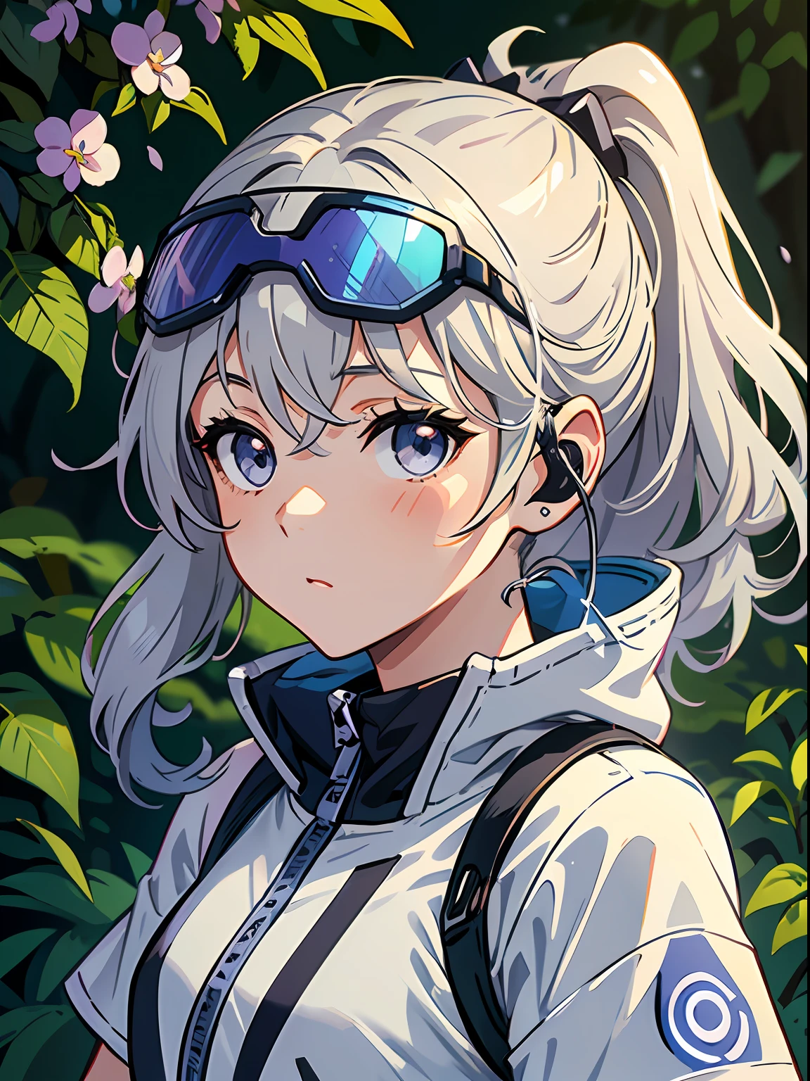 Exquisite masterpiece, best quality, illustration style, an anime girl with curly ponytail, gray beautiful eyes, petite figure, outdoor walking, casual wear, thin sunscreen clothing, spring, white short sleeves, in-ear headphones, small, spring, heartwarming, youthful and beautiful, with blue-violet gradient ski goggles, gray hair, showing a natural casual style. The dynamic posture contains the golden section, a large aperture portrait, the picture is blank, the contrast between light and shadow is strong, the texture is super strong, the picture is super clear and concise, presenting an extremely beautiful, elegant and dignified, delicate face