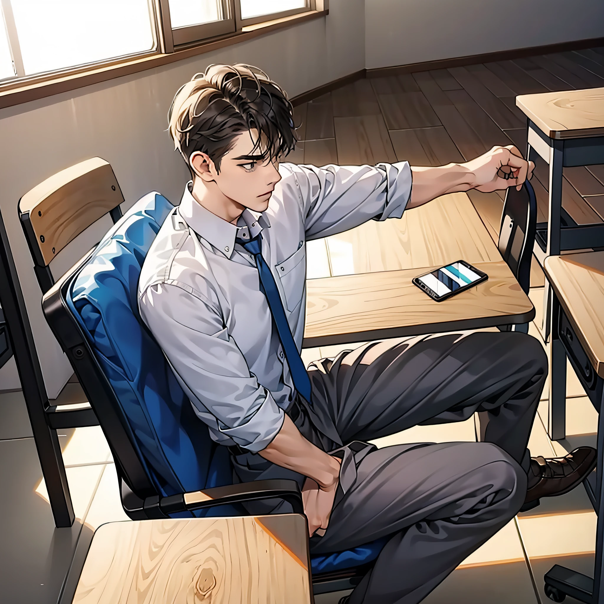A man, looking at his phone, sitting in a classroom