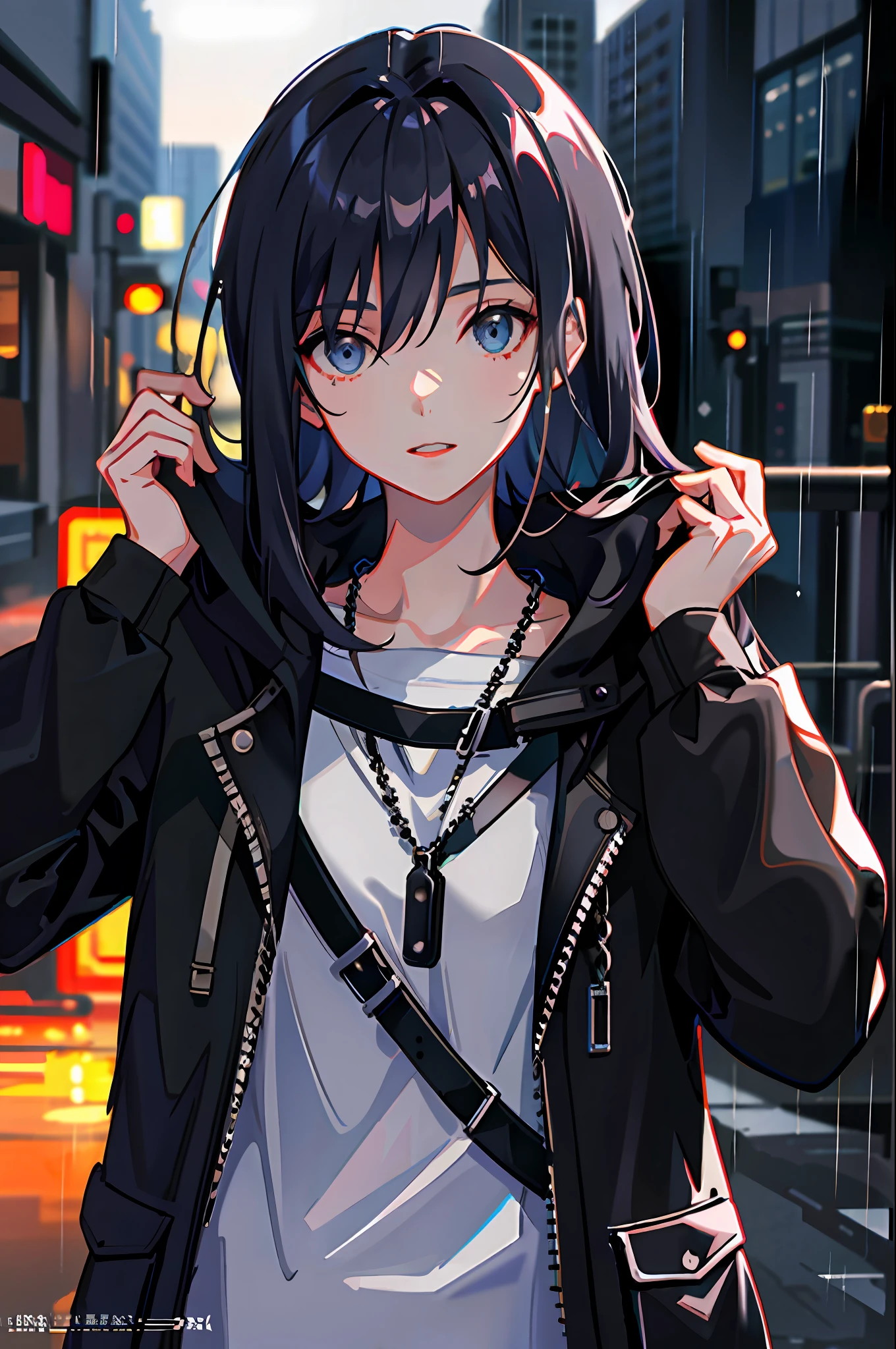 1girl, jacket, rain, outdoor, hoodie, open jacket, chain, backpack, looking at another, messy hair, trending on artstation, 8k resolution, highly detailed, anatomically correct, sharp image, digital painting, concept art, trending on pixiv, style of makoto shinkai,