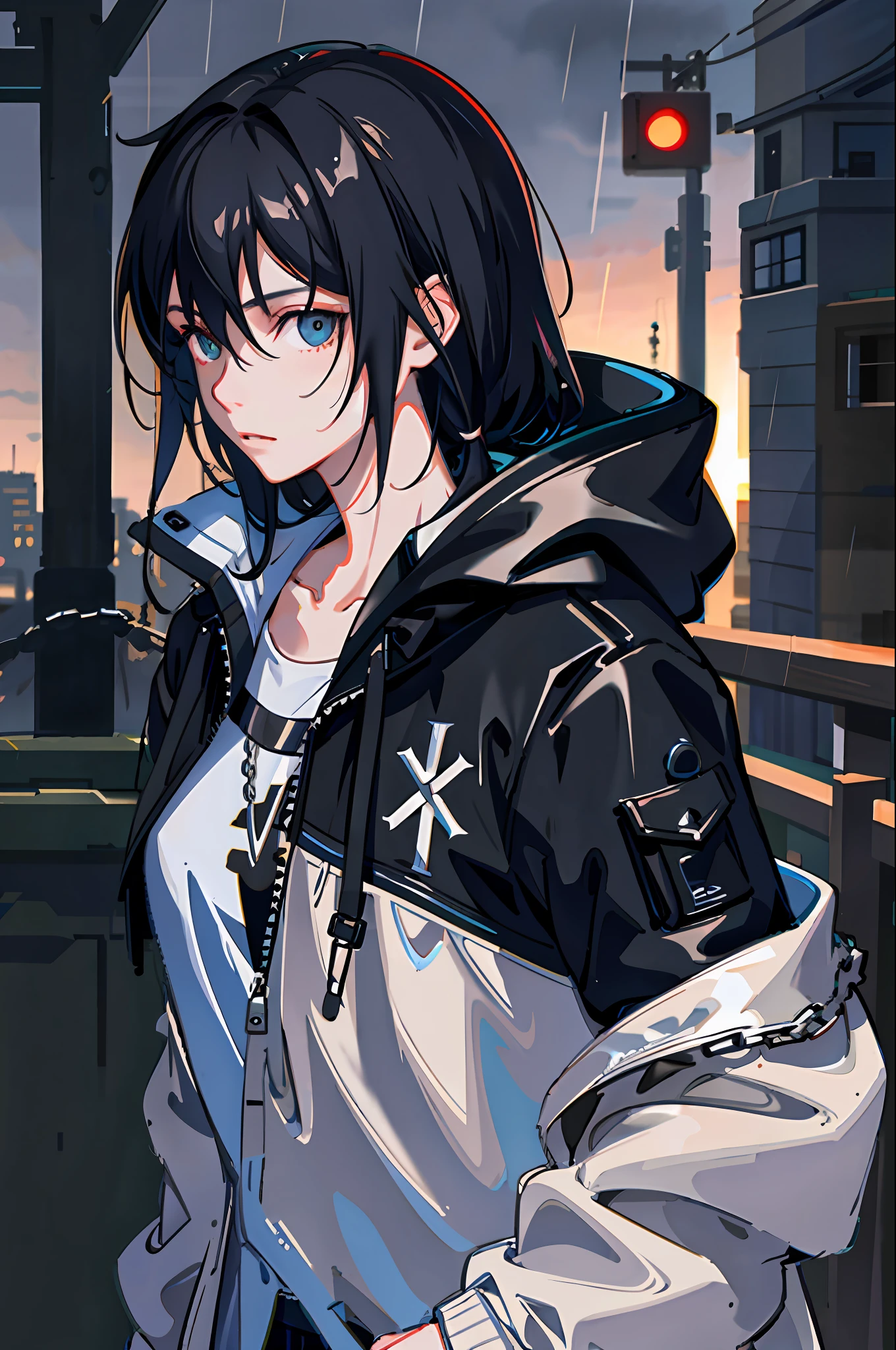 1girl, jacket, rain, outdoor, hoodie, open jacket, chain, backpack, looking at another, messy hair, trending on artstation, 8k resolution, highly detailed, anatomically correct, sharp image, digital painting, concept art, trending on pixiv, style of makoto shinkai,