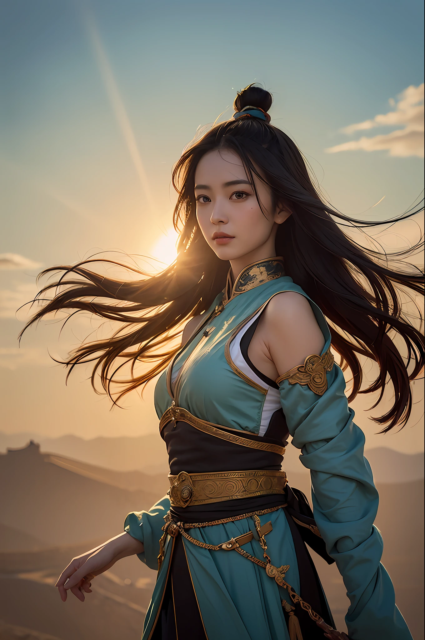 1girl, Dunhuang Flying Apsaras costume, messy long hair, Ji Jian, Dunhuang style, a lot of smoke, superb, elegant colors, (realistic, high detail, masterpiece, super detailed, dynamic angle, mural background, ink wash, amazing, movie lighting, illustration, chiaroscuro, backlighting, god rays, holland, best quality, best quality