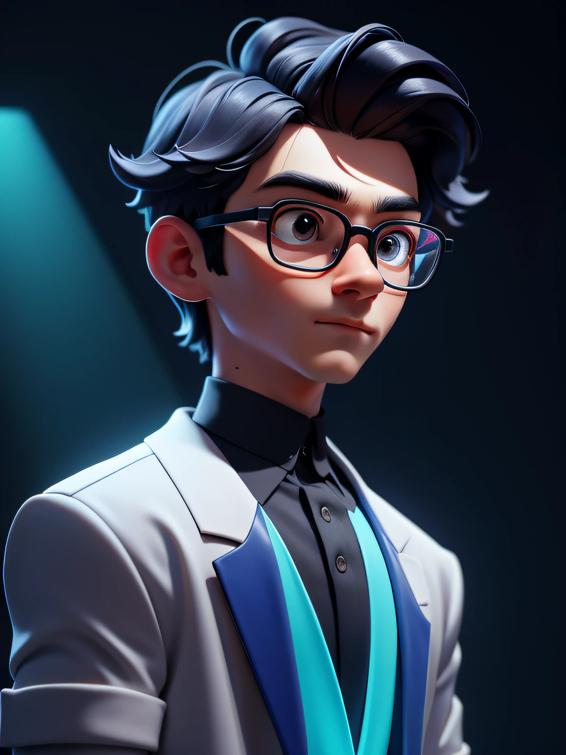 (Masterpiece: 1.5), (Best Quality: 1.5), High Resolution, Highly Detailed, 3DMM, A Boy, Soloist, Speaker, Leader, Wearing Glasses, Serious, Performance of Future Technology, Data, Low Contrast, Vivid Lighting, Atmospheric Depth, Superb Technology, Harmonious Composition, Creative Refinement, Striking Juxtaposition, Evocative Tones, Captivating Colors, Dramatic Lighting