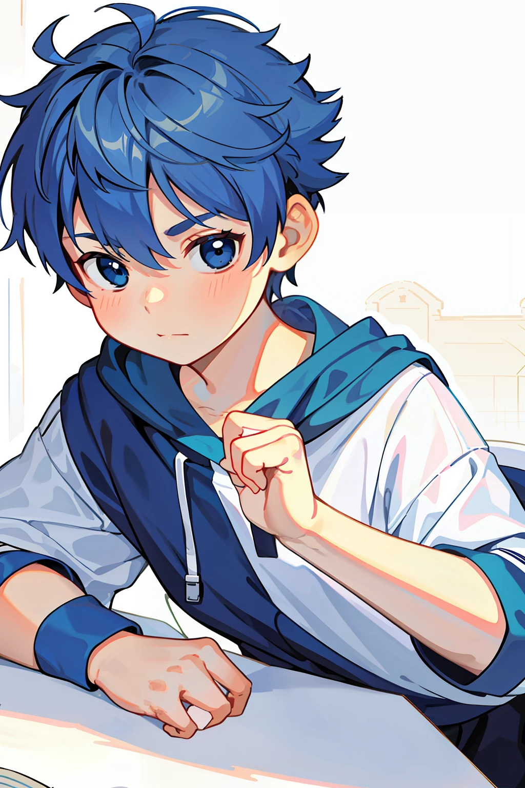 {{masterpiece}},best quality,illustration,1 male kid,prince,floating short hair,blue hair,cute,closeup